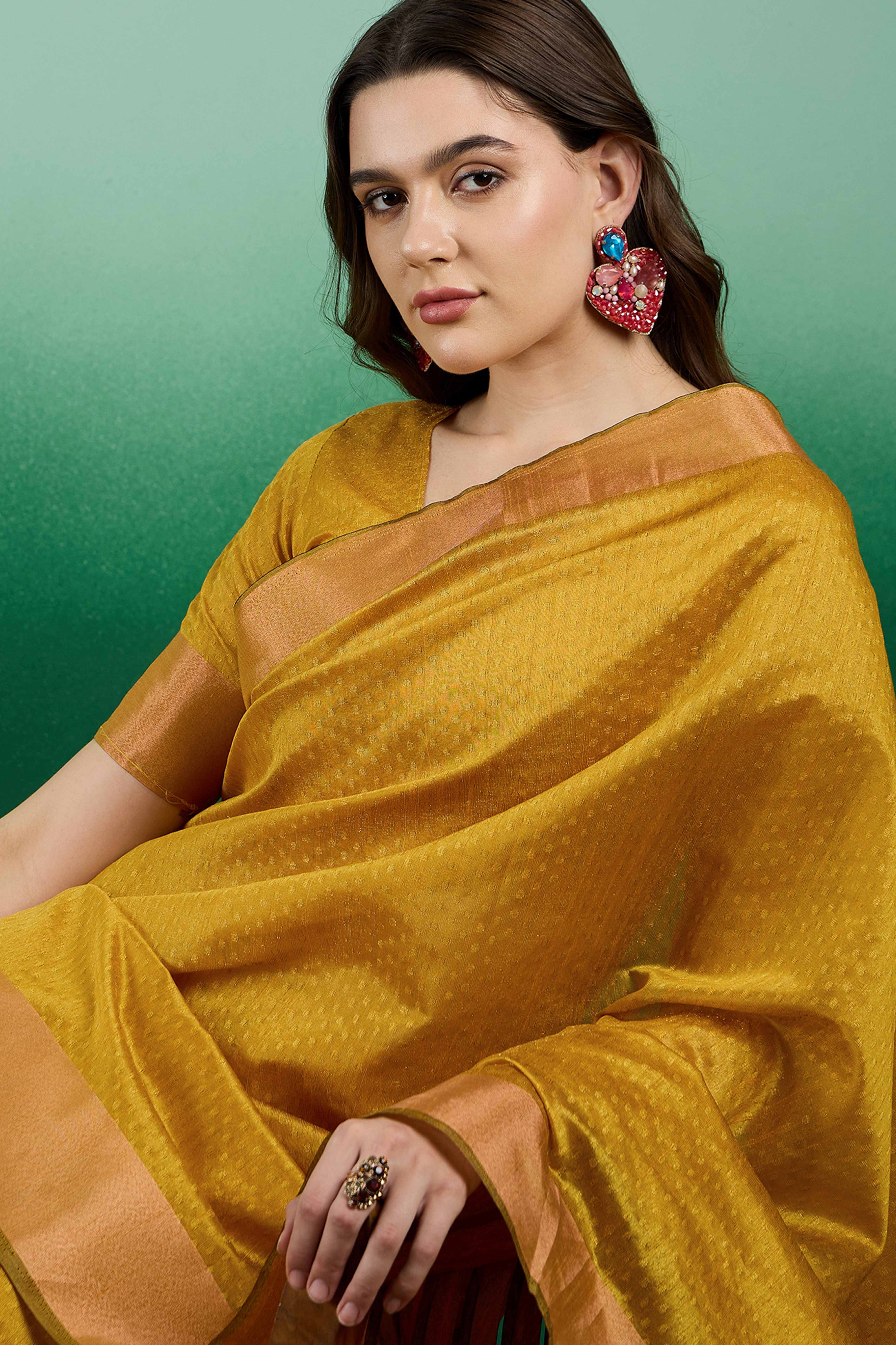 Mustard Khadi Organza Saree Intricate Weaving & Sparkling Sequins with Tassel Pallu