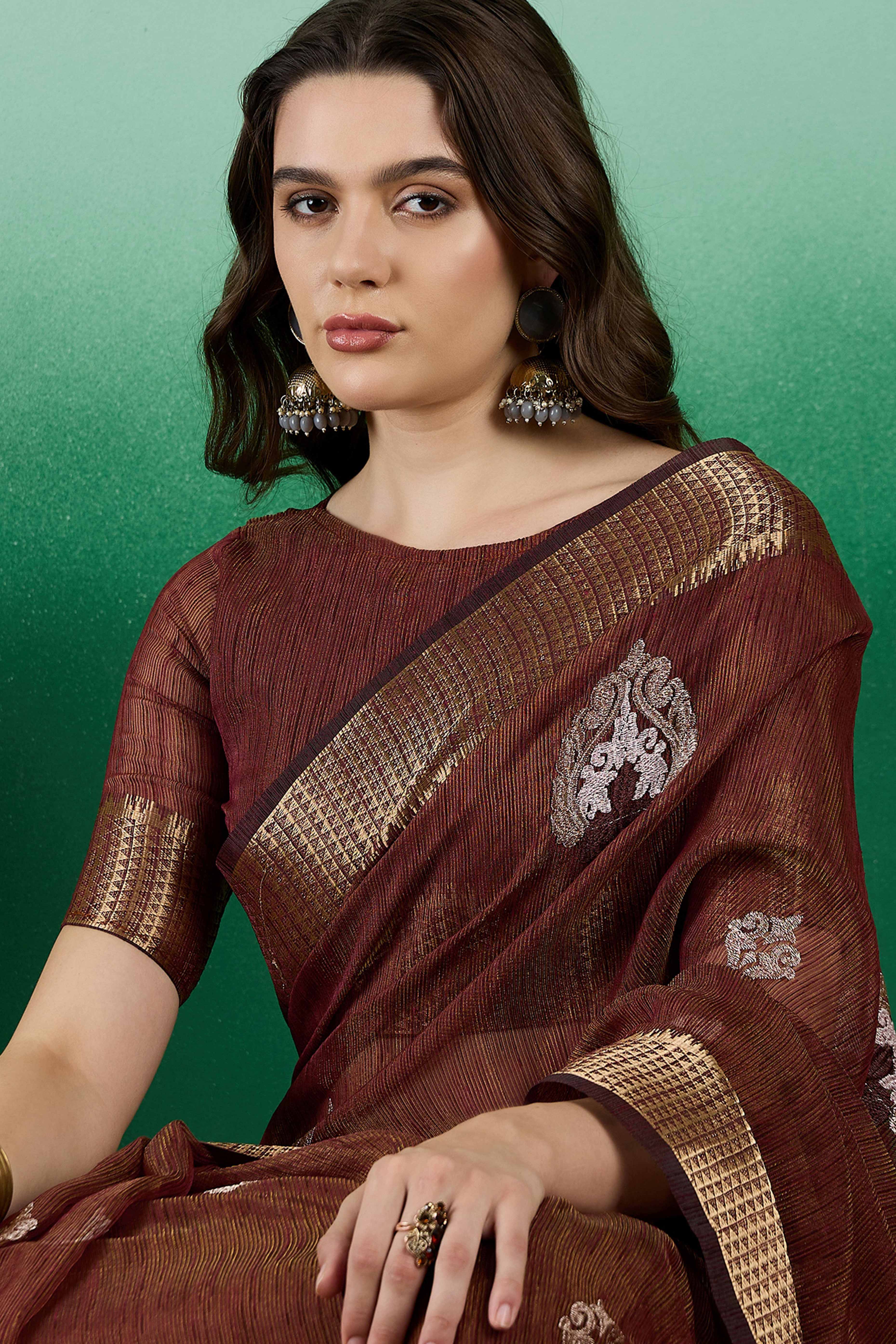 Brown Khadi Organza Saree Adorned With Elegant Embroidery & Tassel Pallu