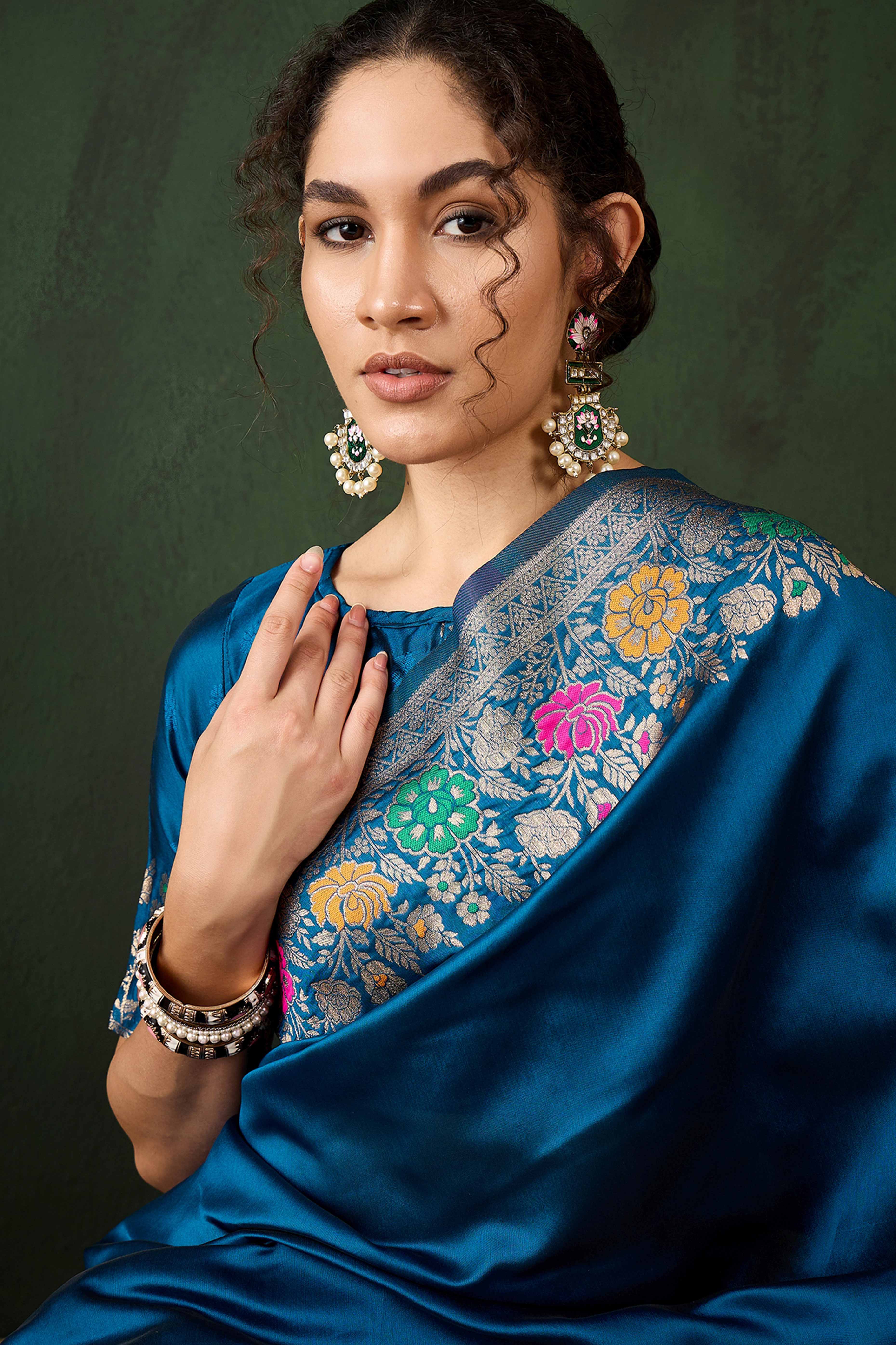 Blue Saree In Poly Silk Blend Featuring Floral Zari Weaving & Tassel Accents