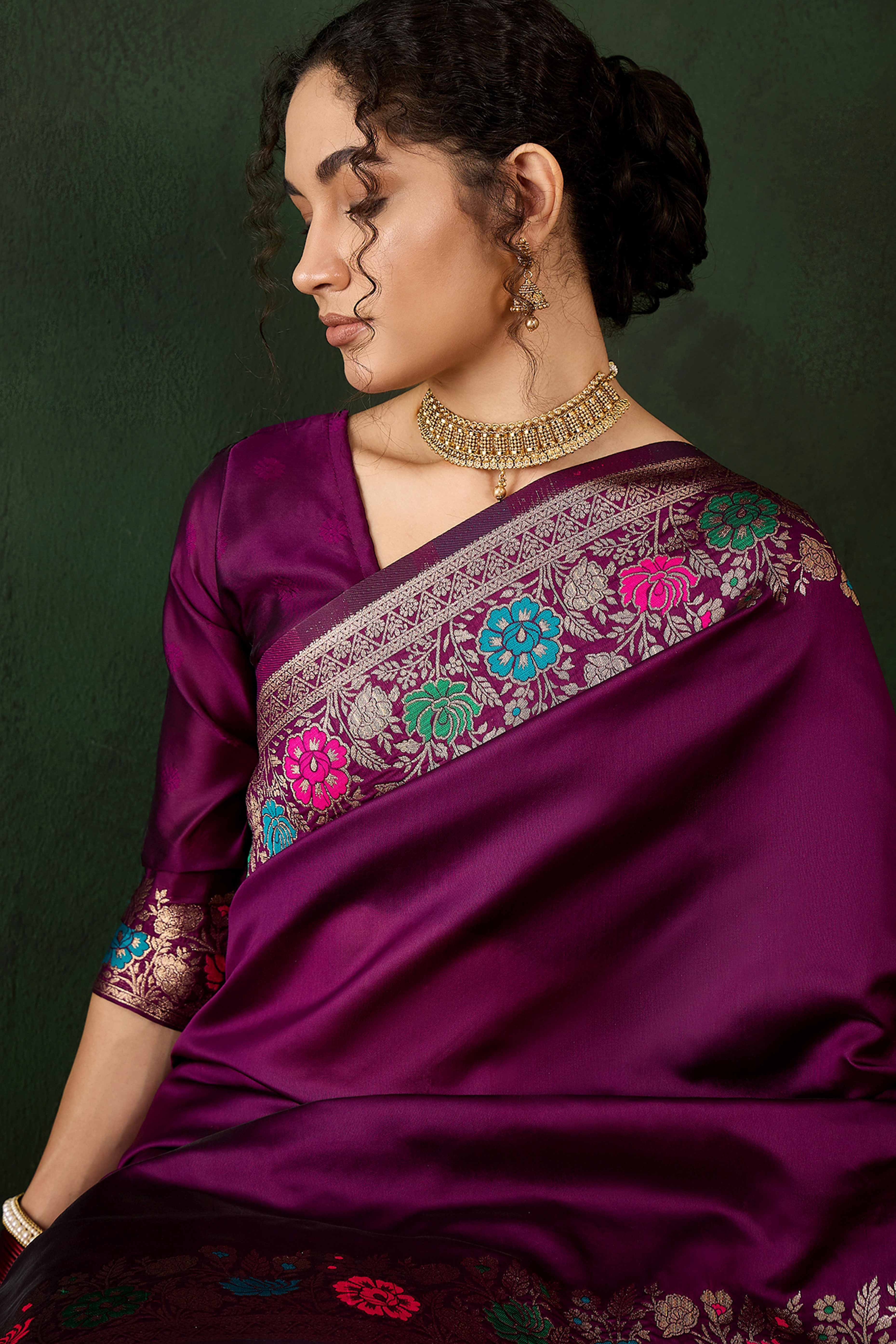 Purple Saree In Poly Silk Blend Featuring Floral Zari Weaving & Tassel Accents