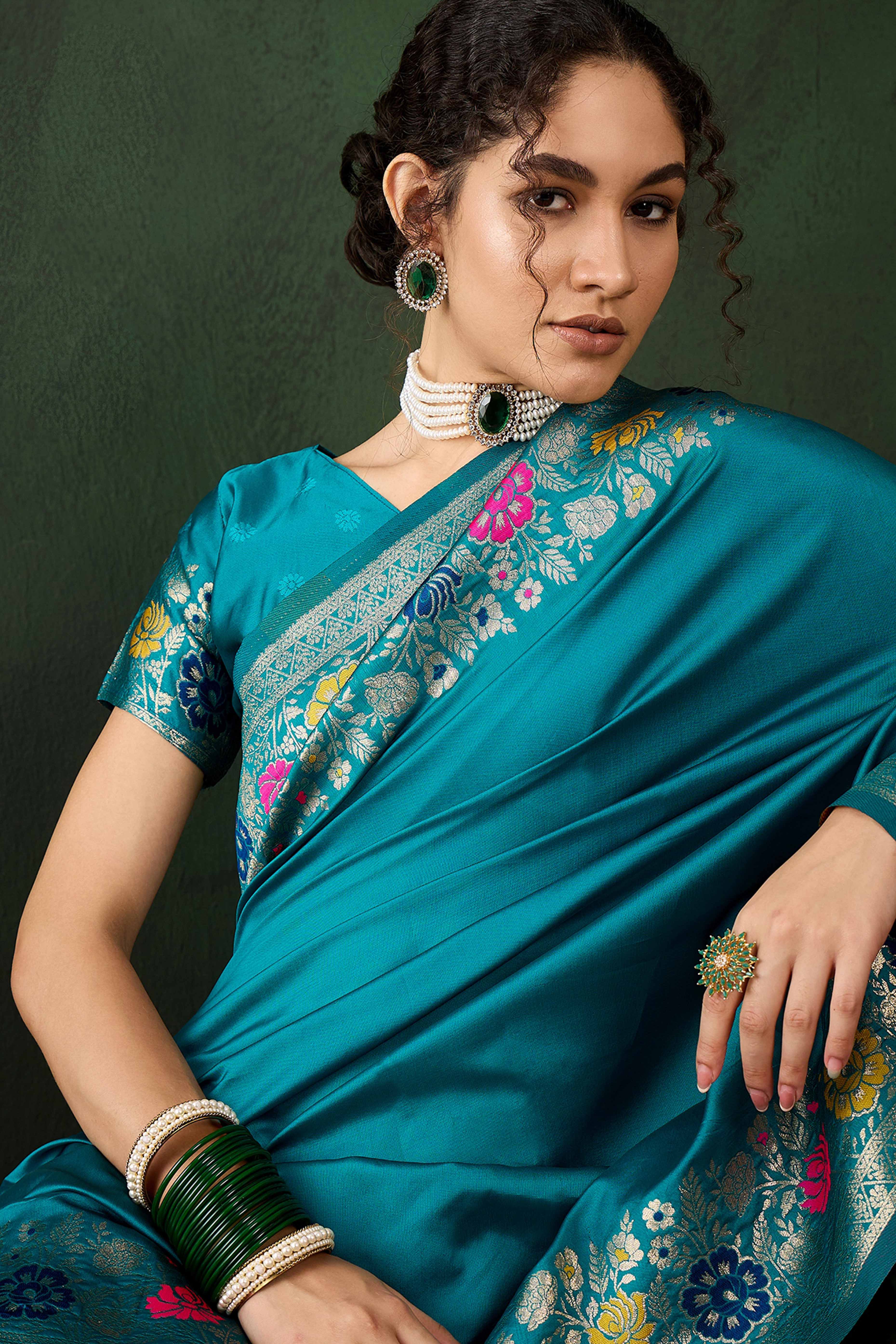 Rama Blue Saree In Poly Silk Blend Featuring Floral Zari Weaving & Tassel Accents