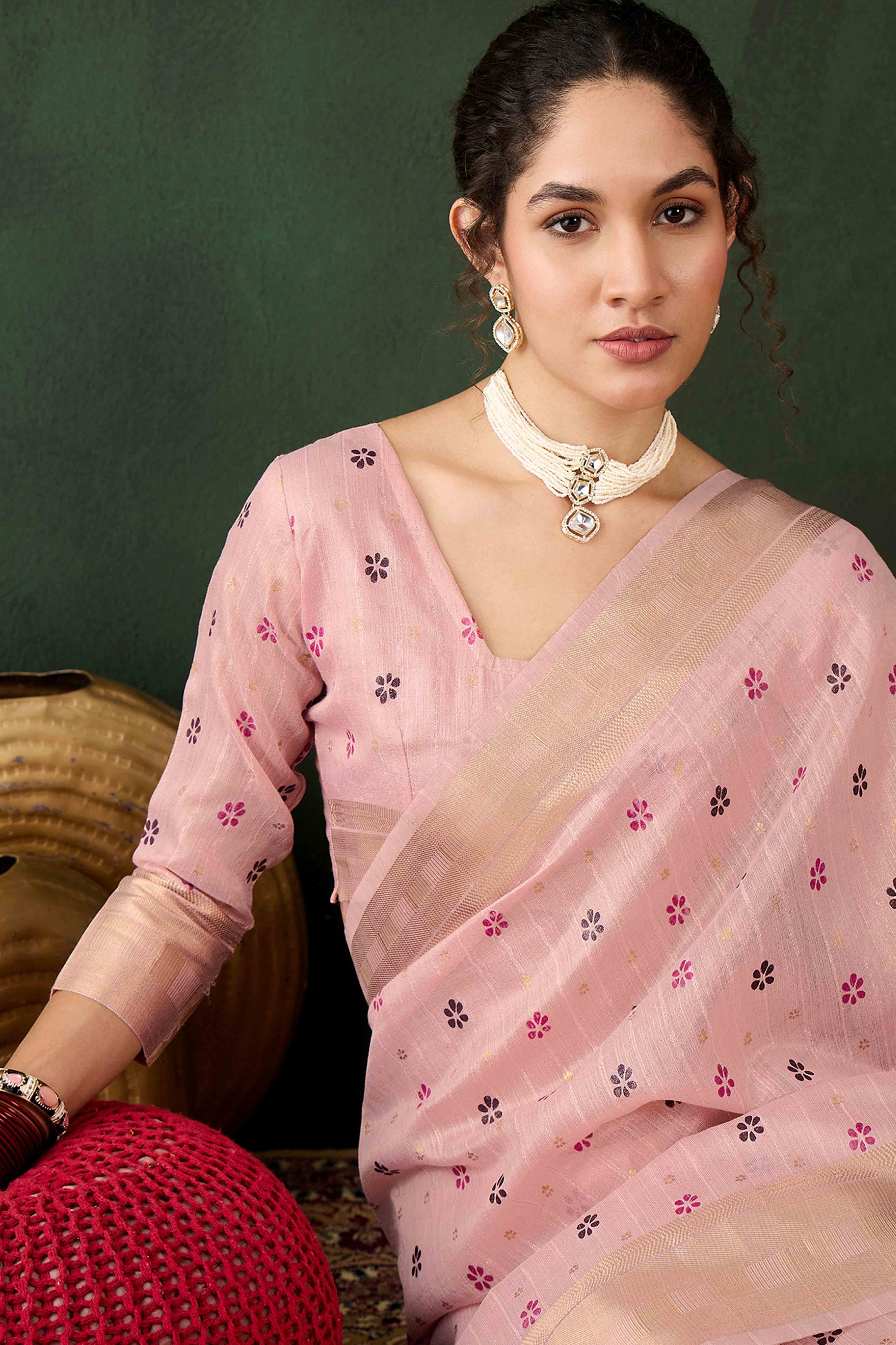 Pink Saree In Khadi Organza Featuring Floral Prints & Intricate Weaving