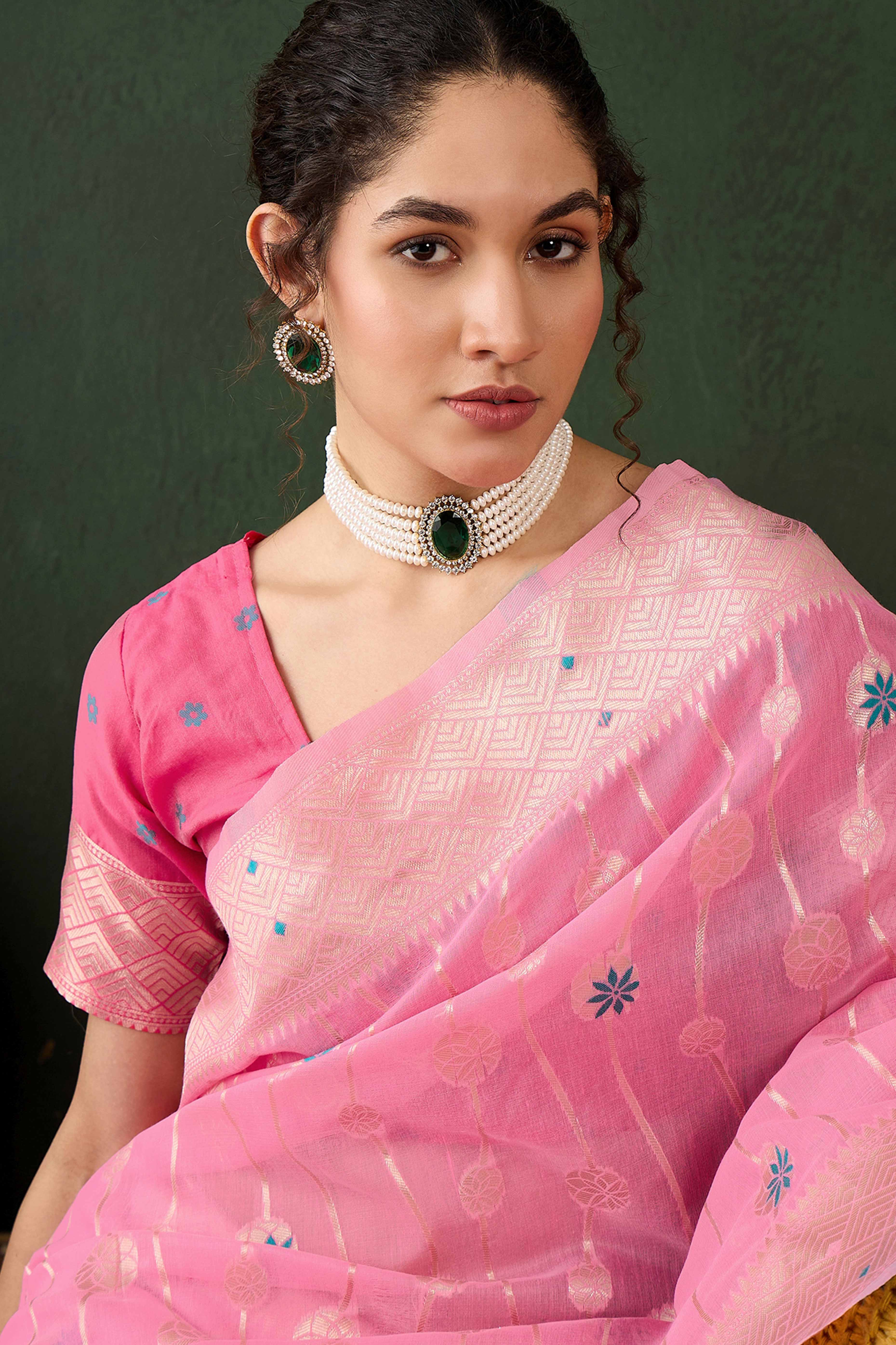 Pink Cotton Blend Saree Adorned With Intricate Floral Zari Weaving & A Stylish Tassel Pallu