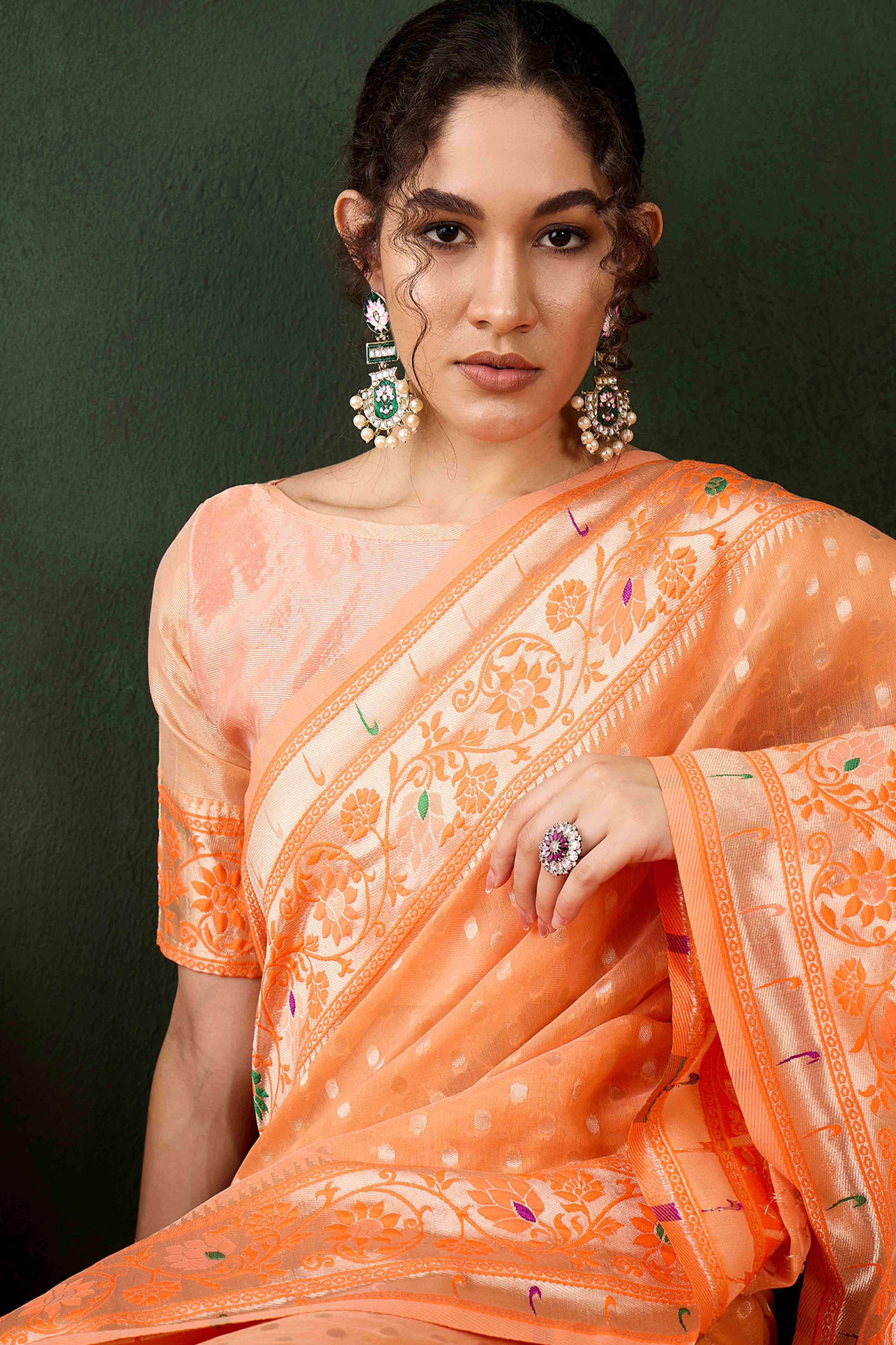 Orange Floral Zari Weaving On Orange Poly Cotton Saree With Tasselled Borders