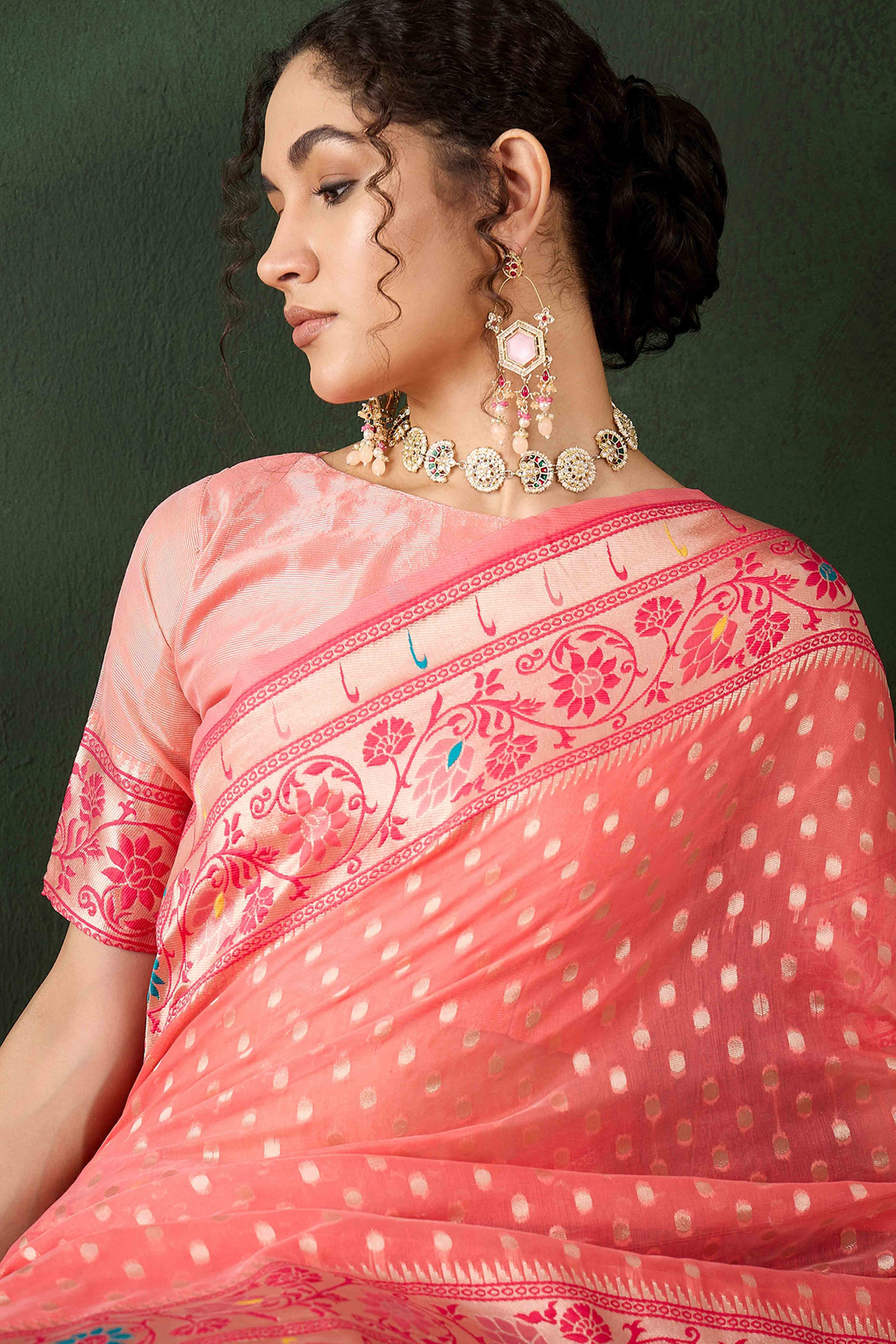 Peach Floral Zari Weaving On Orange Poly Cotton Saree With Tasselled Borders