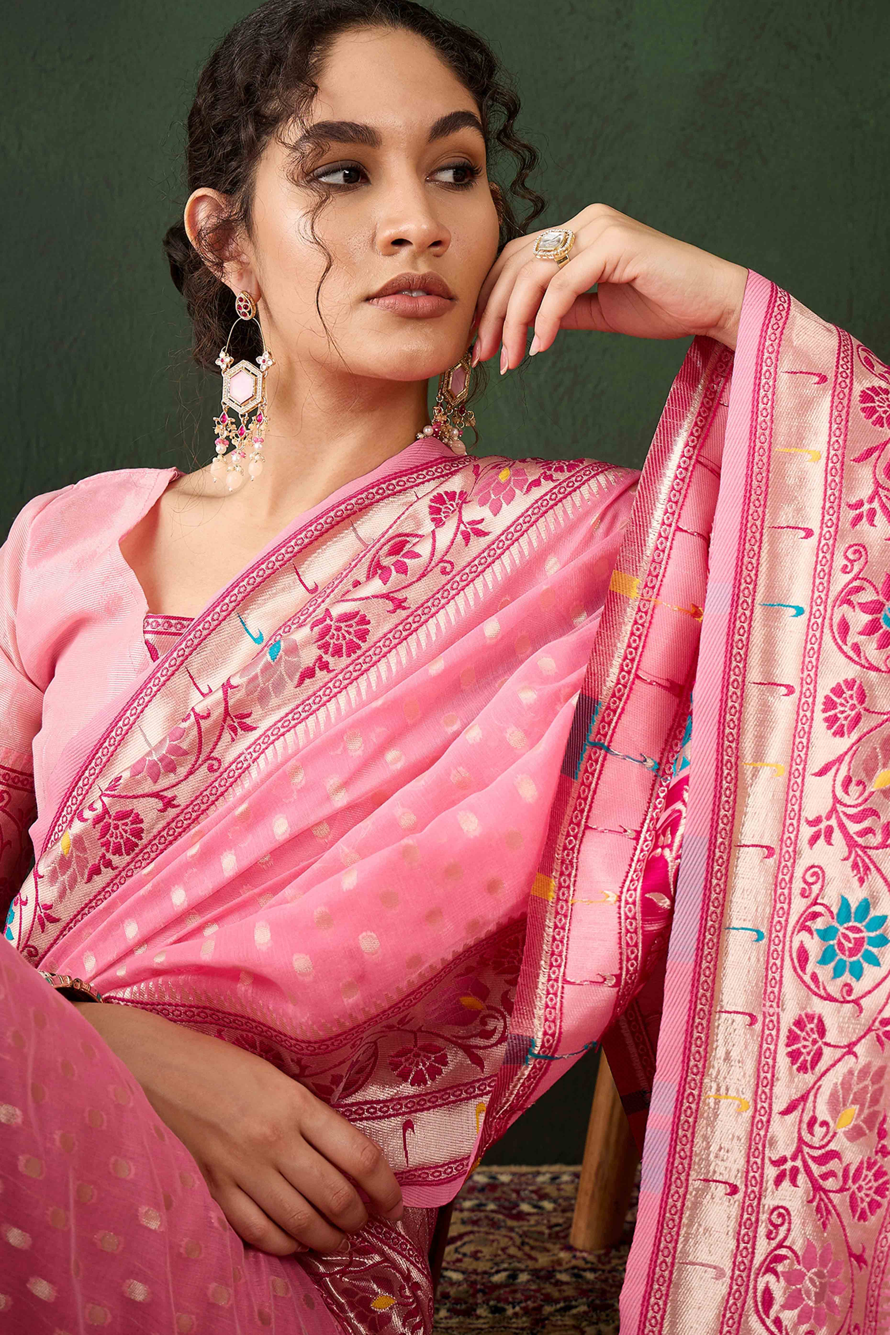 Pink Floral Zari Weaving On Orange Poly Cotton Saree With Tasselled Borders