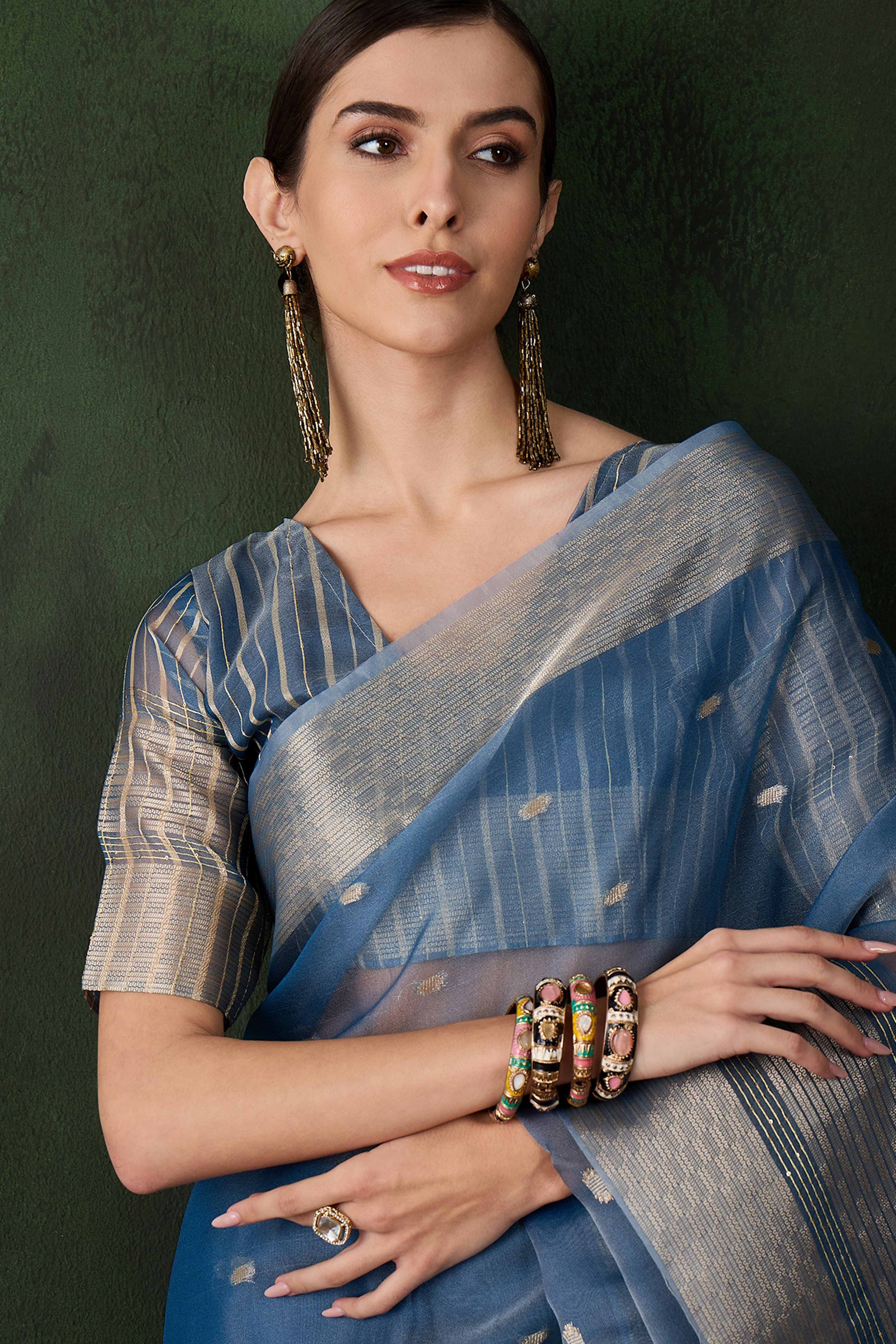 Blue Woven Khadi Organza Saree Embellished With Shimmering Sequins Work