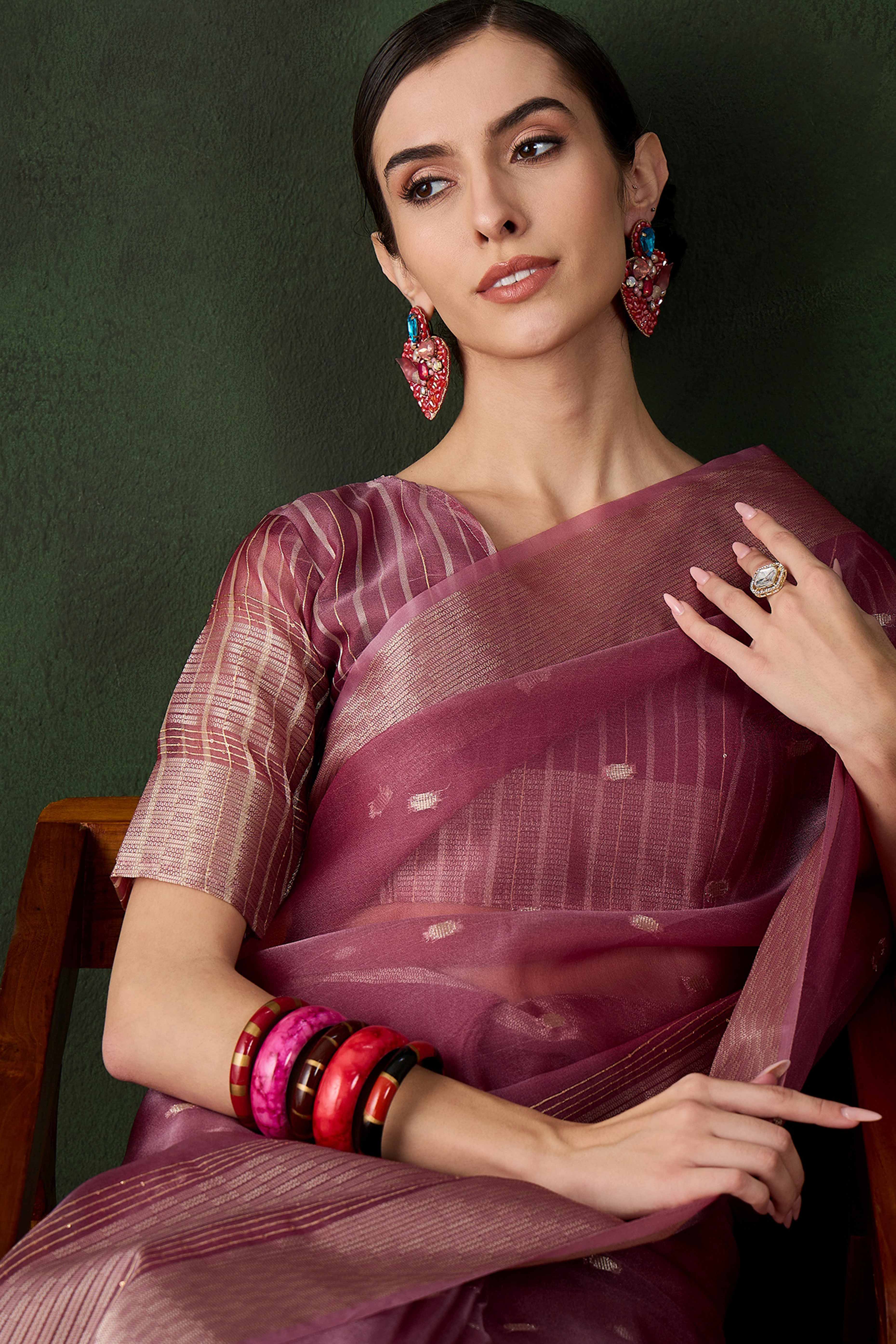 Magenta Woven Khadi Organza Saree Embellished With Shimmering Sequins Work