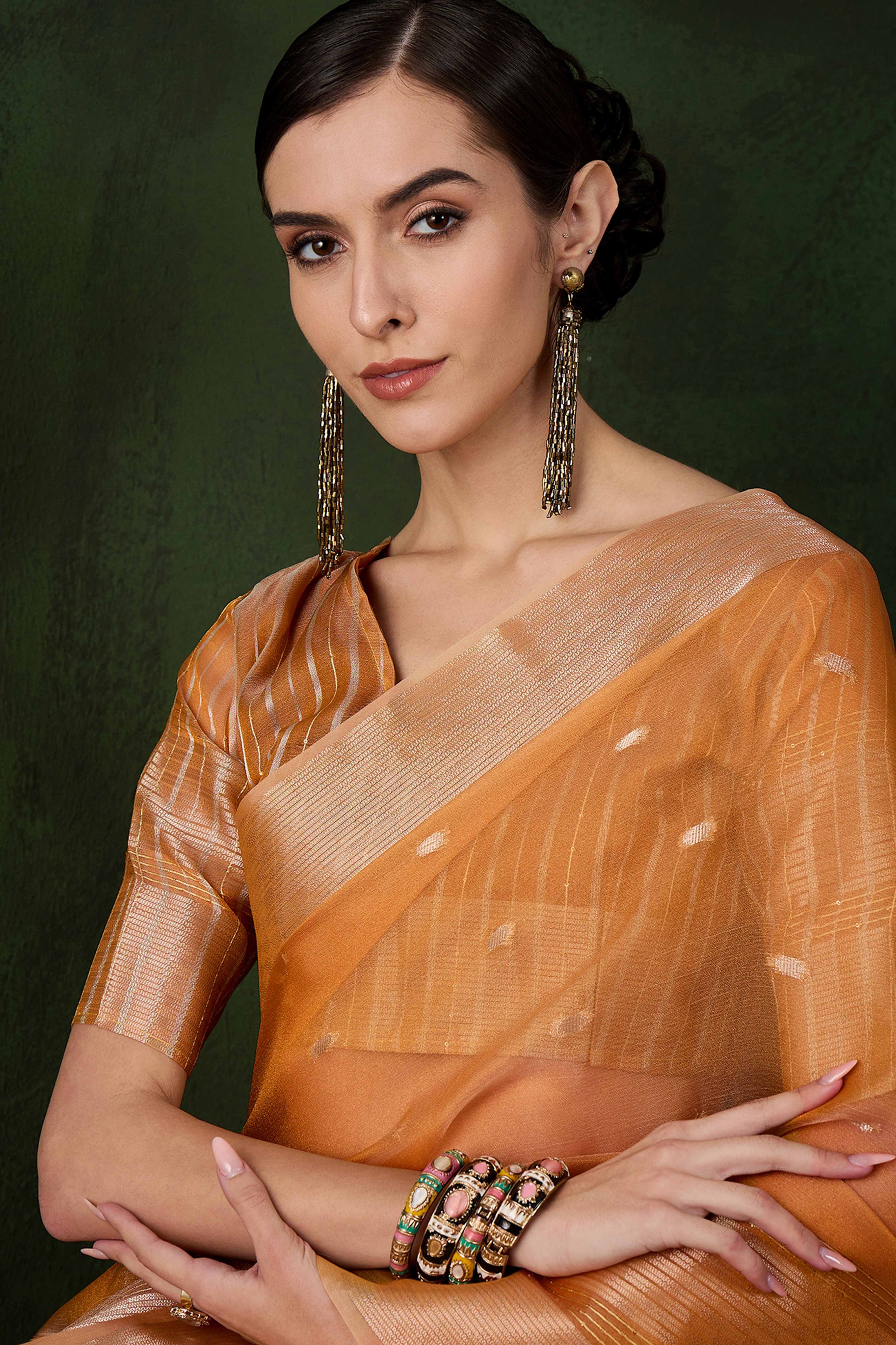 Orange Woven Khadi Organza Saree Embellished With Shimmering Sequins Work
