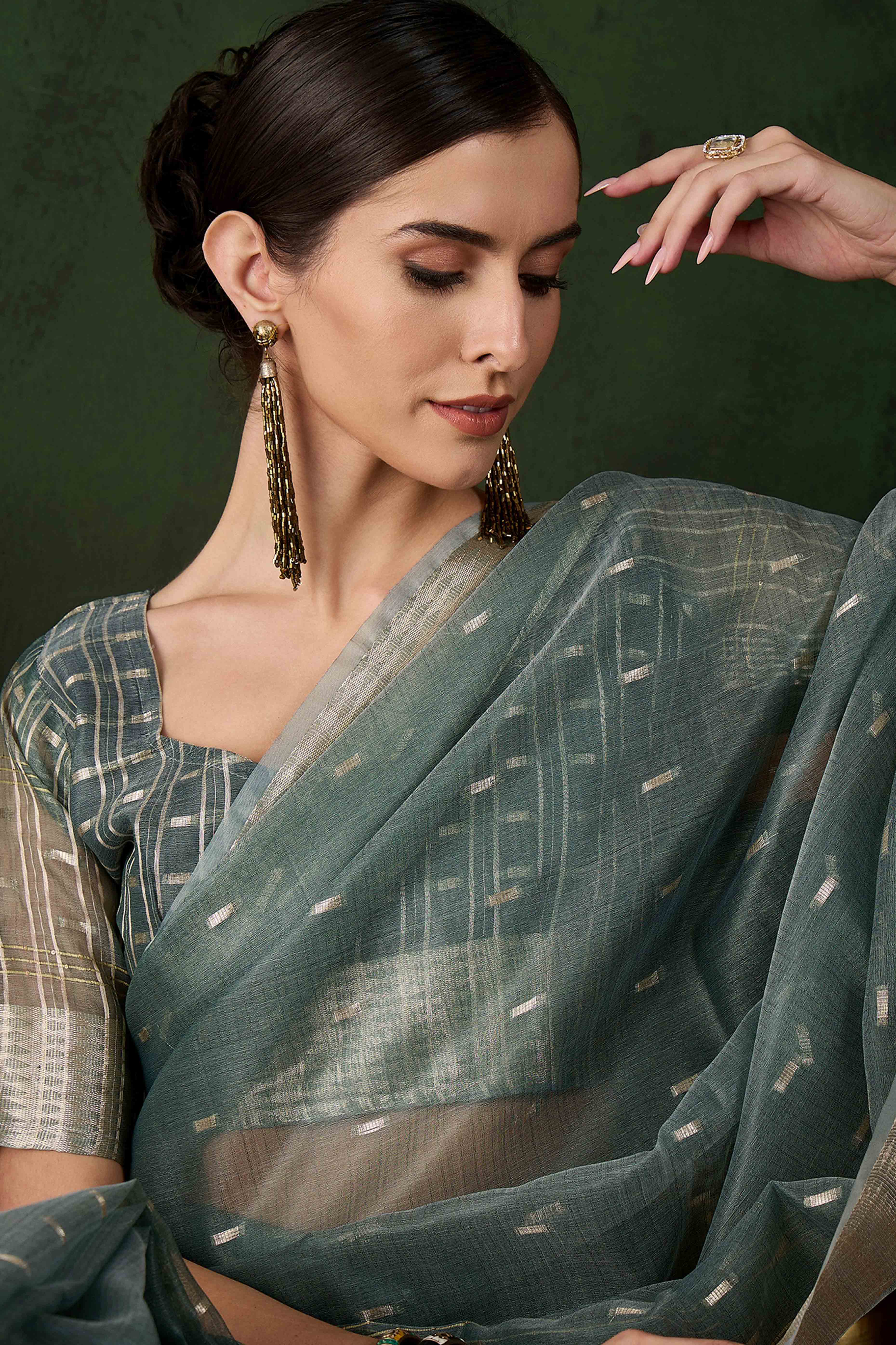 Green Saree With Fine Zari Weaving on Khadi Organza and Tassel Detailing Pallu