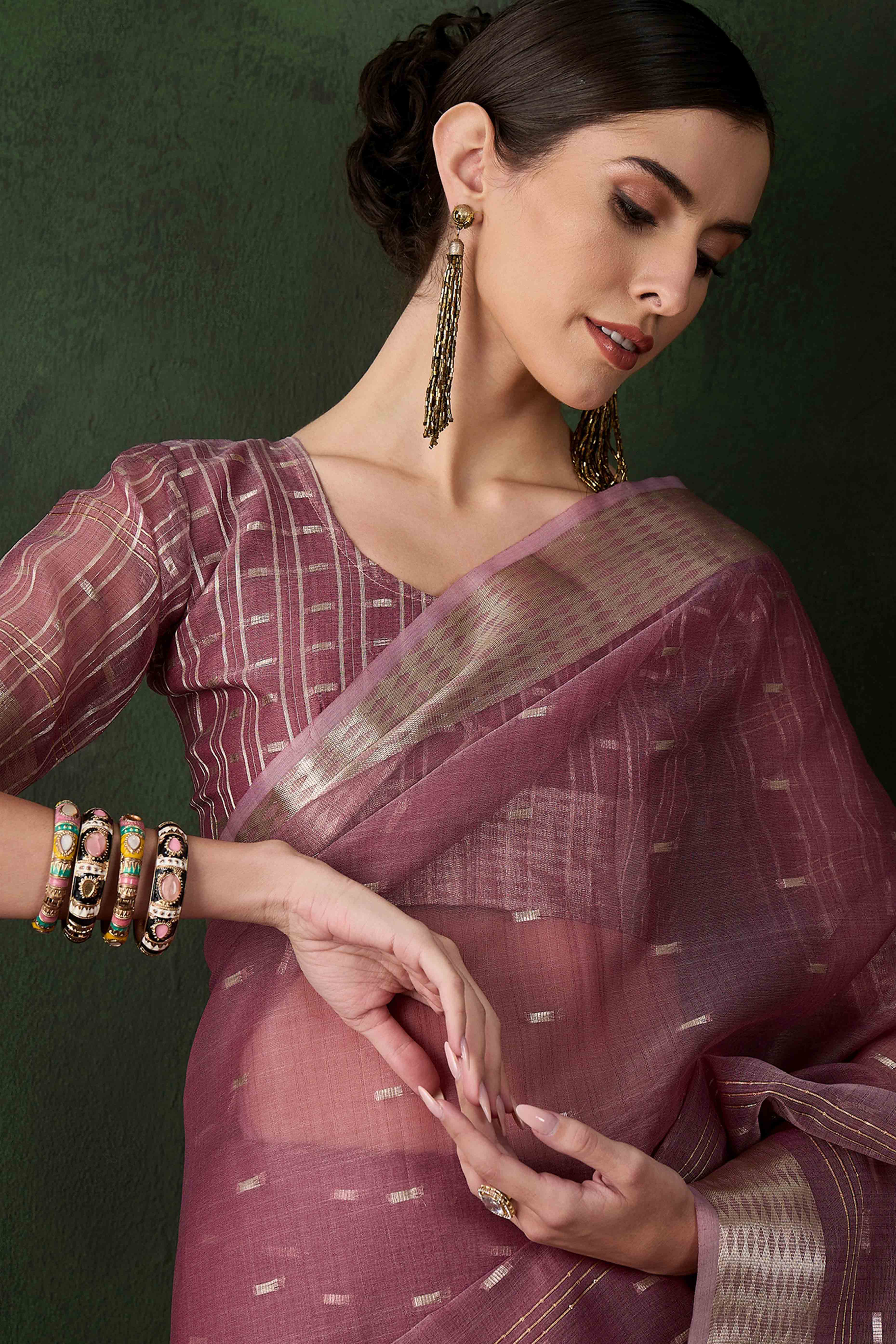 Wine Saree With Fine Zari Weaving on Khadi Organza and Tassel Detailing Pallu