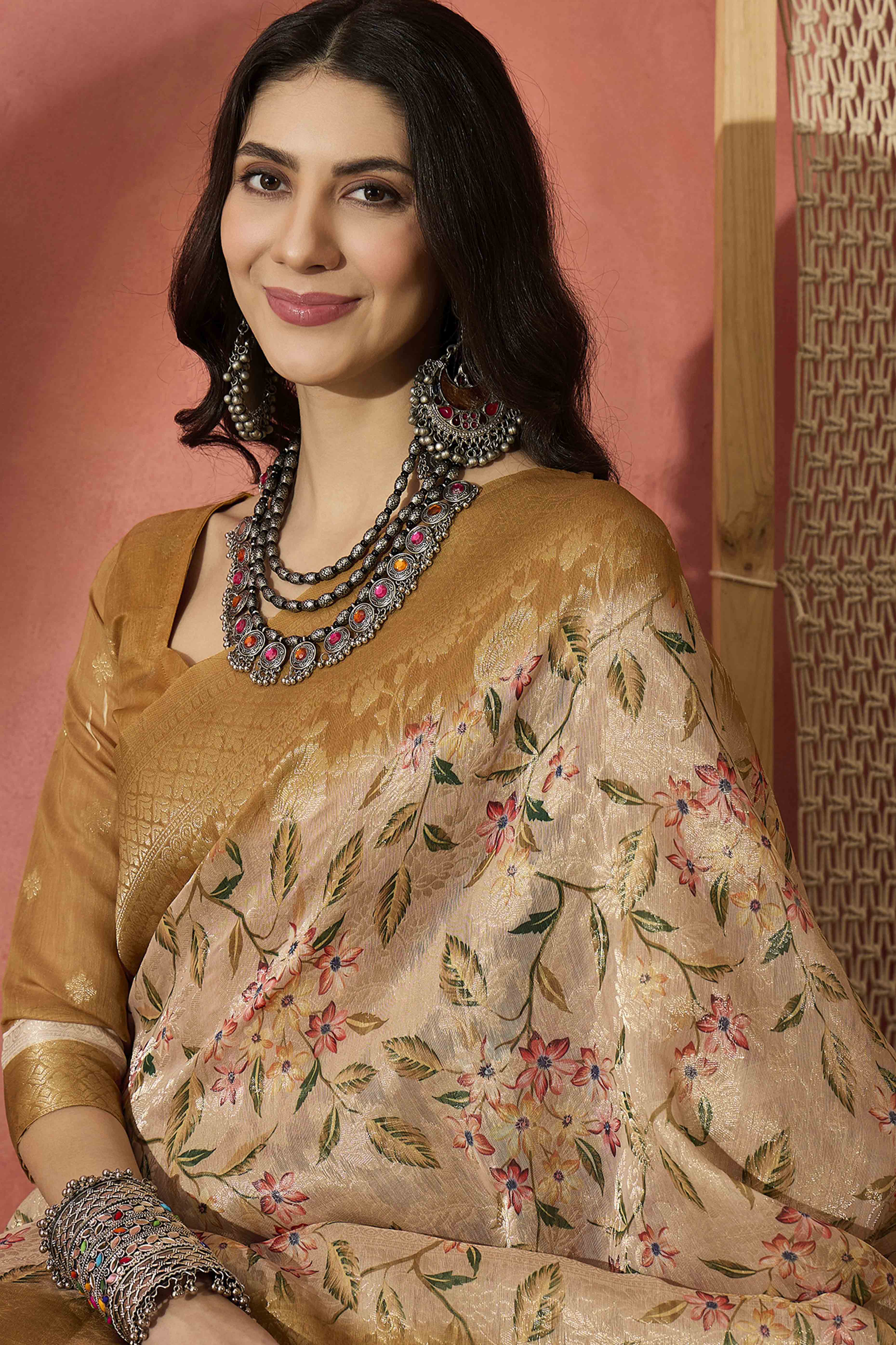 Cream Saree In Poly Cotton Featuring Intricate Floral Zari Weaving & Tassel Accents