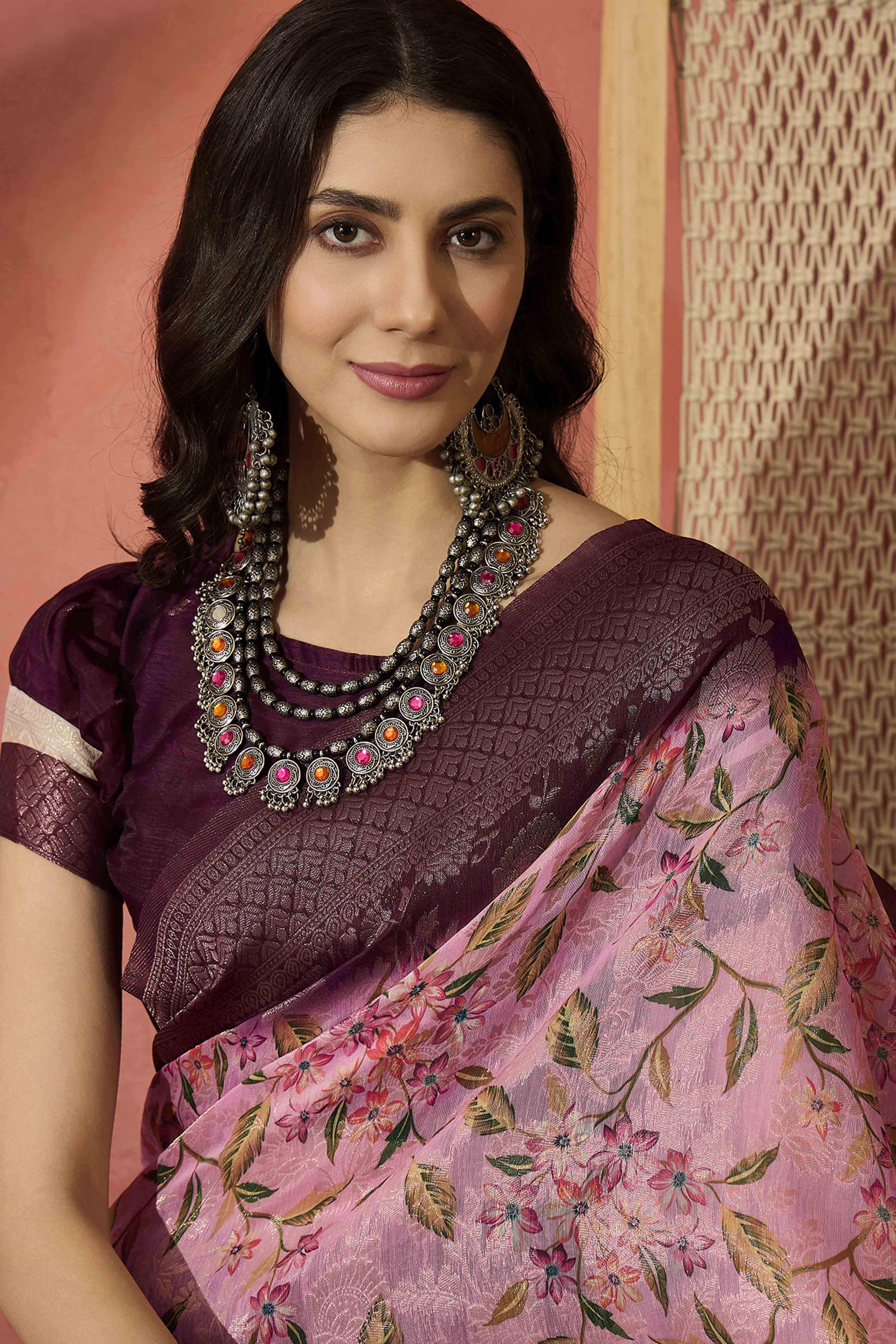 Pastel Pink Saree In Poly Cotton Featuring Intricate Floral Zari Weaving & Tassel Accents