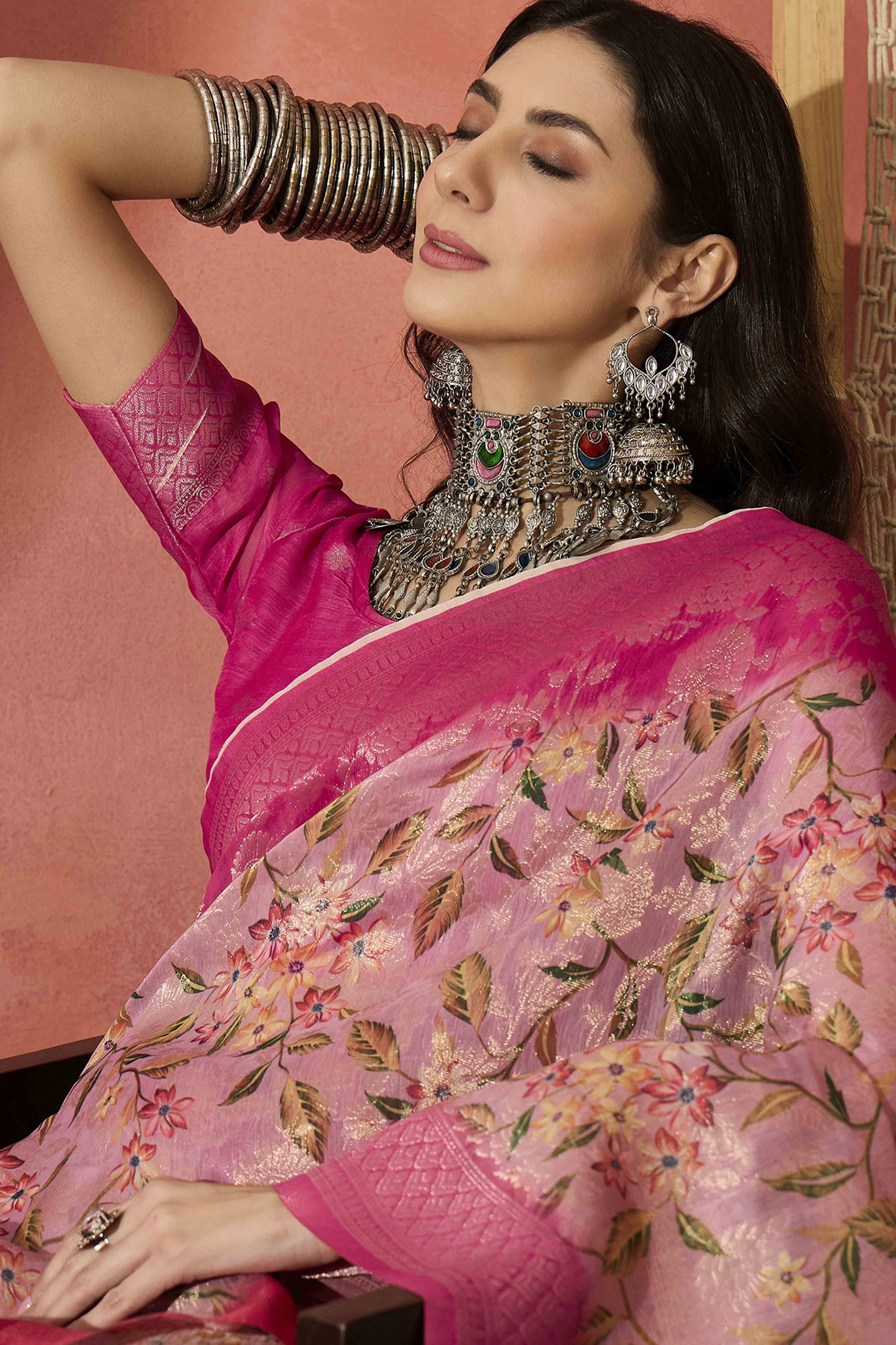 Pink Saree In Poly Cotton Featuring Intricate Floral Zari Weaving & Tassel Accents