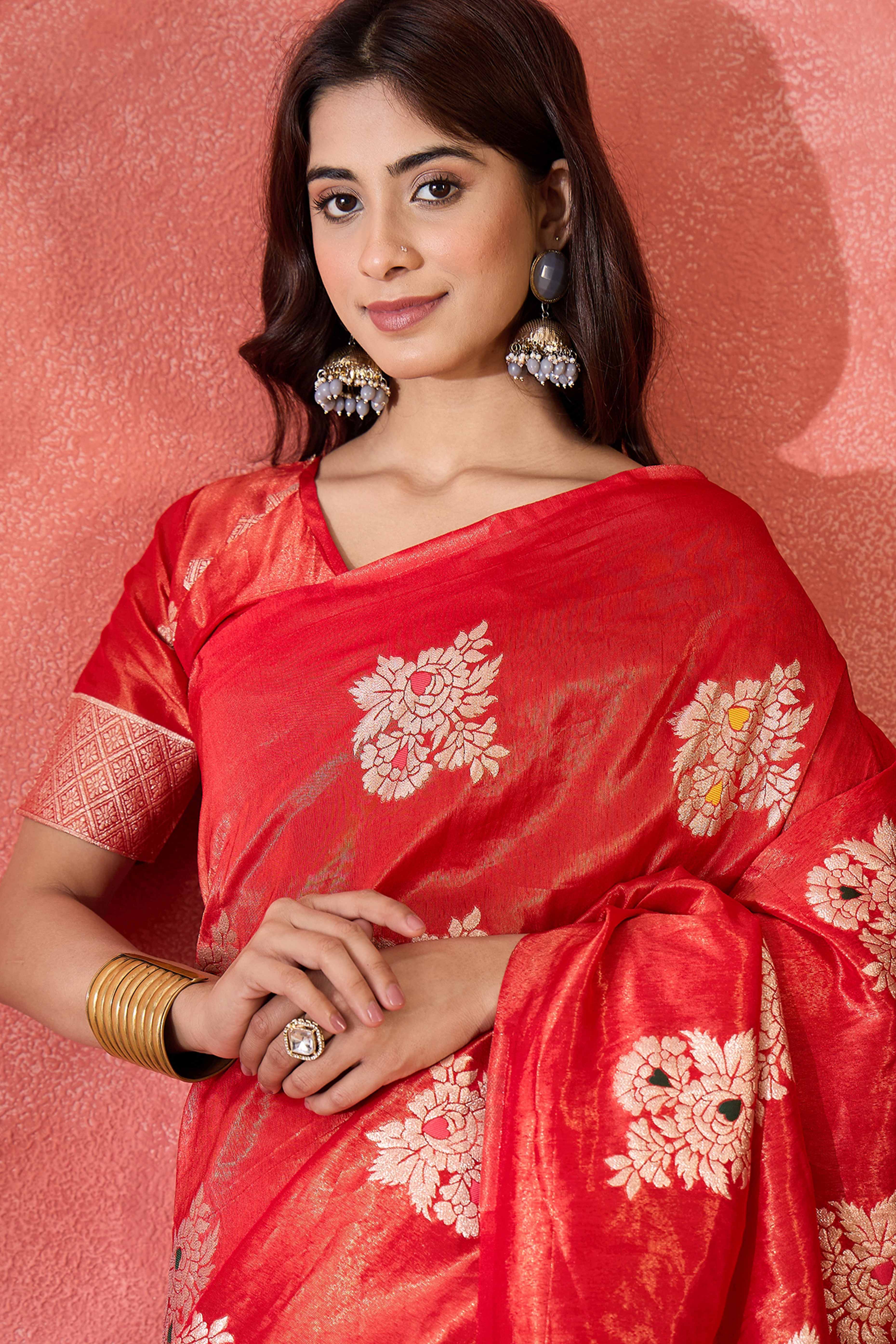 Red Saree In Shimmer Fabric With Floral Zari Weaving & Decorative Tassel Pallu