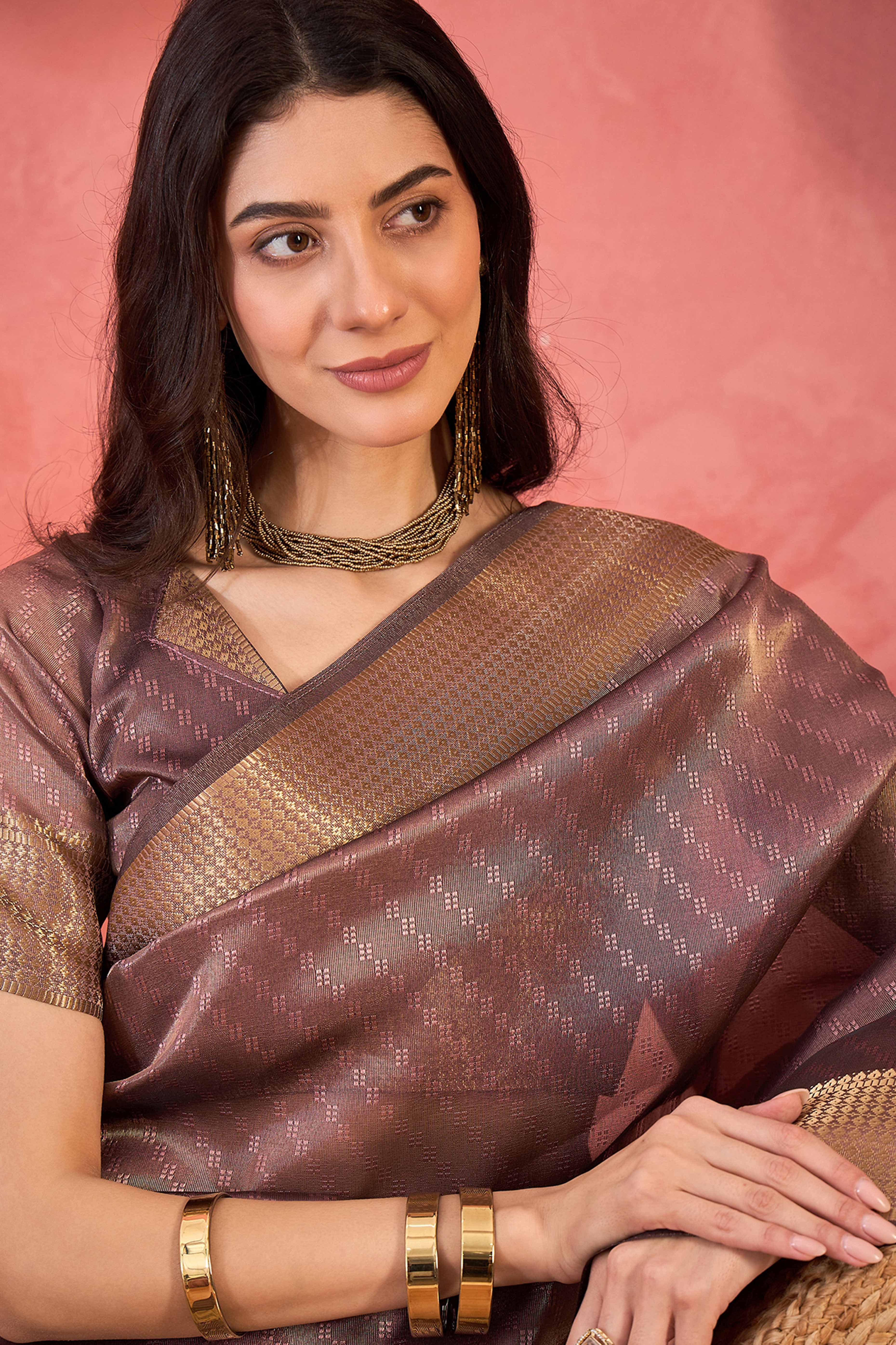 Dusty Rose Pink Khadi Organza Saree Intricate Weaving & Sparkling Stonework With Tassel Pallu
