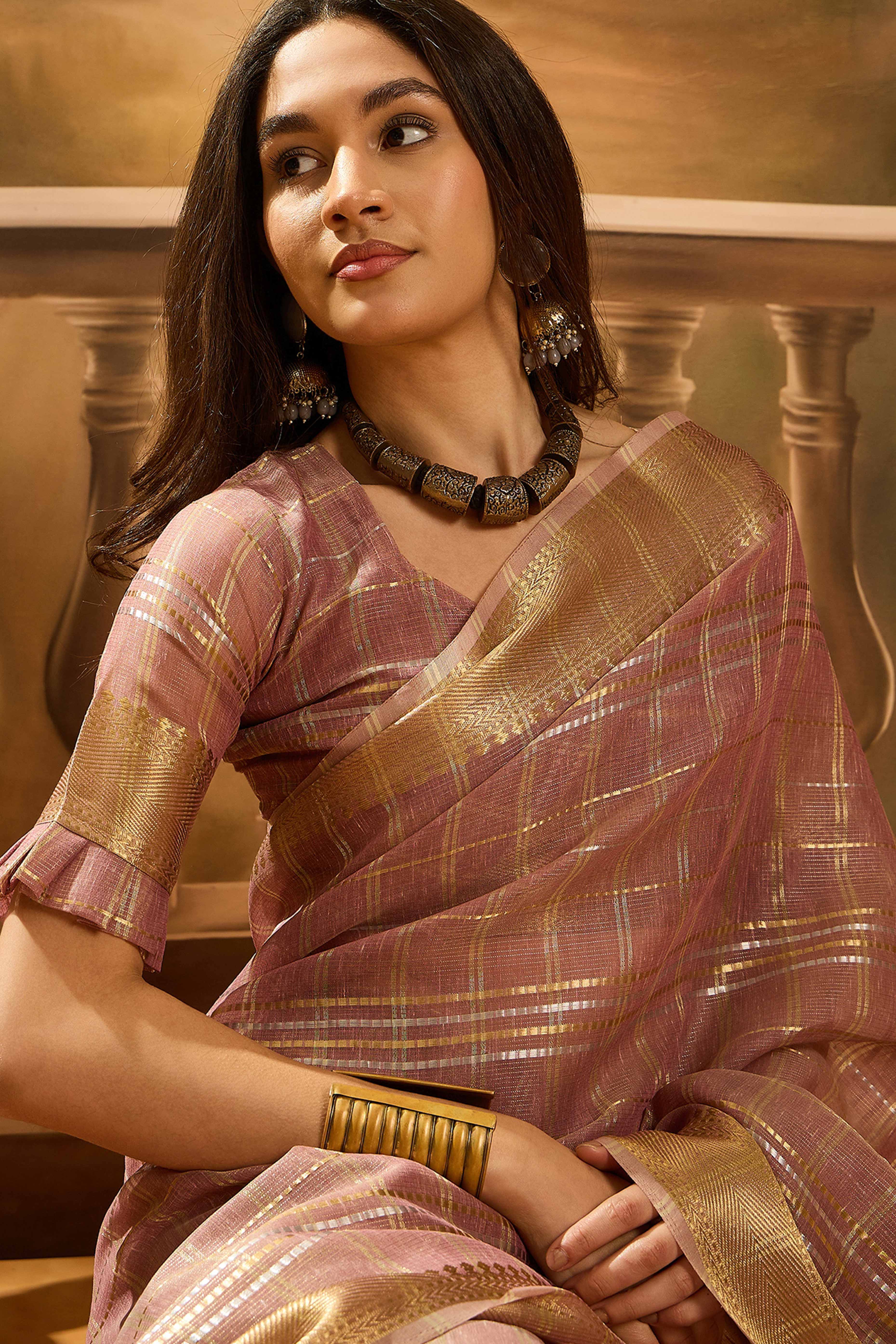 Dusty Mauve Zari Woven Khadi Organza Saree Featuring Classic Checks & Tassel Detailing