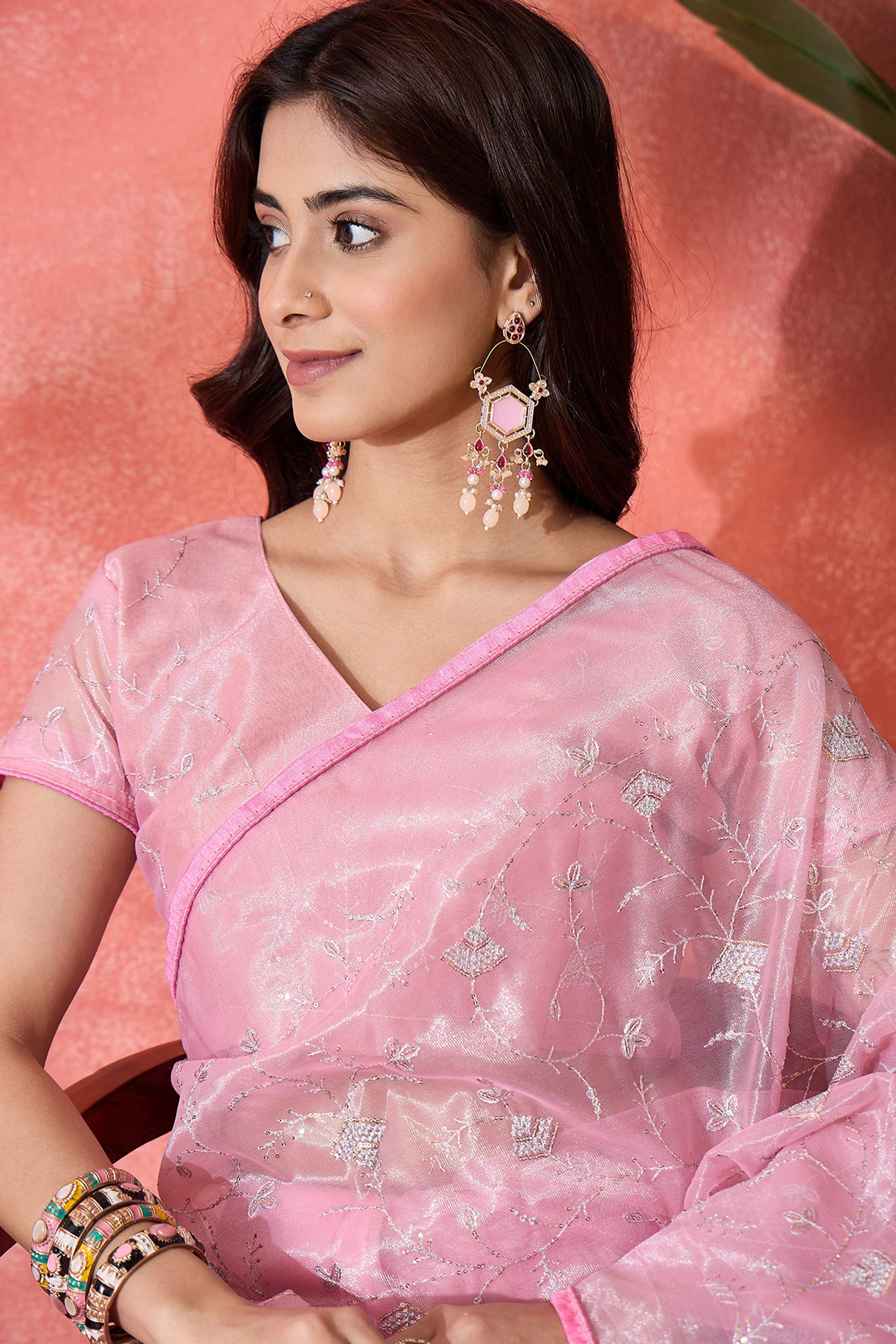 Baby Pink Floral Sequin Embellished Saree In Twill Net With Tassel Accents