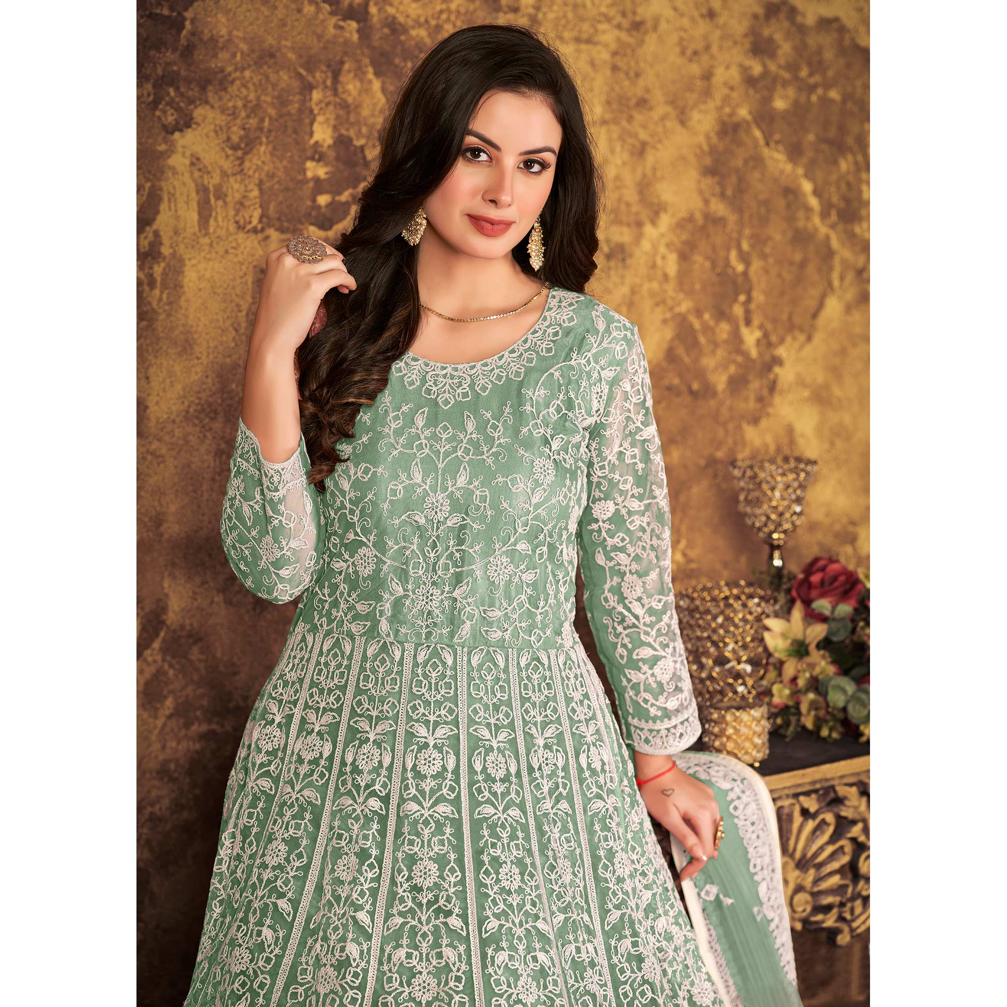 Green Floral Embroidered Net Semi Stitched Dress Material