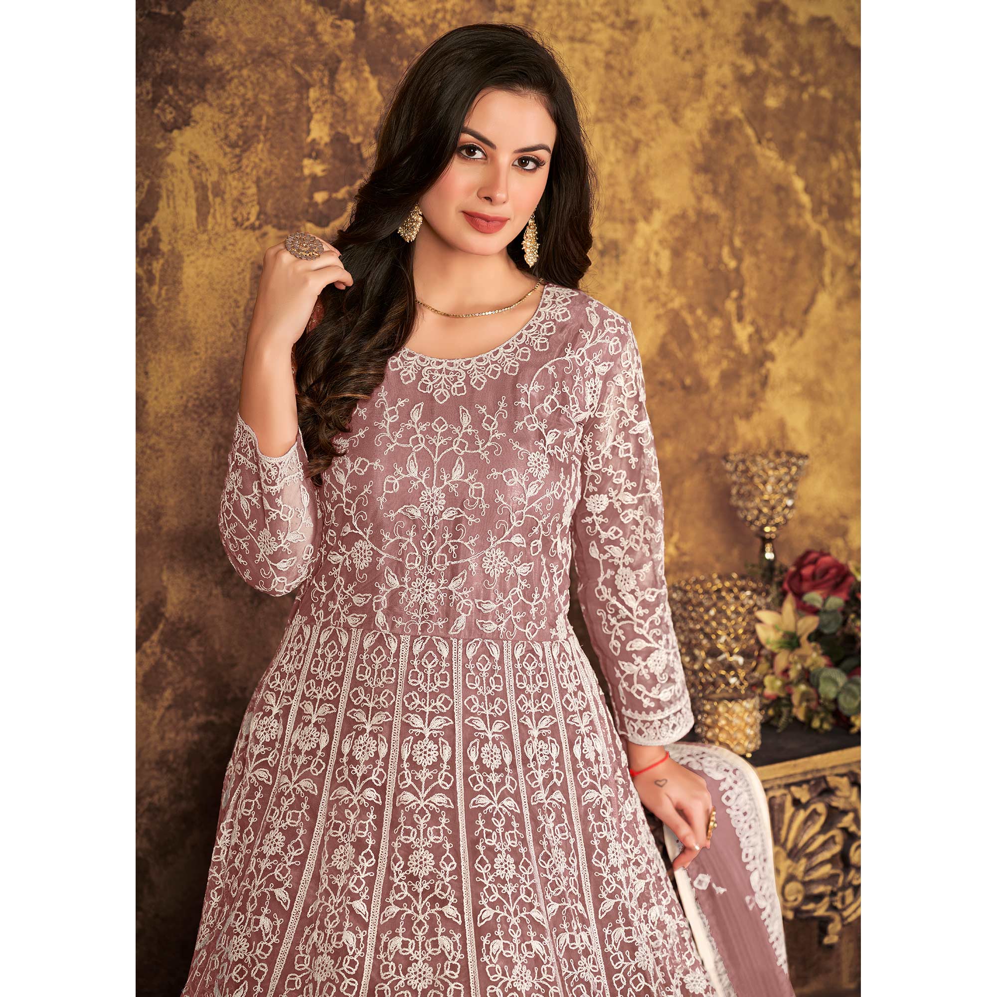 Mauve Floral Embroidered Net Semi Stitched Dress Material