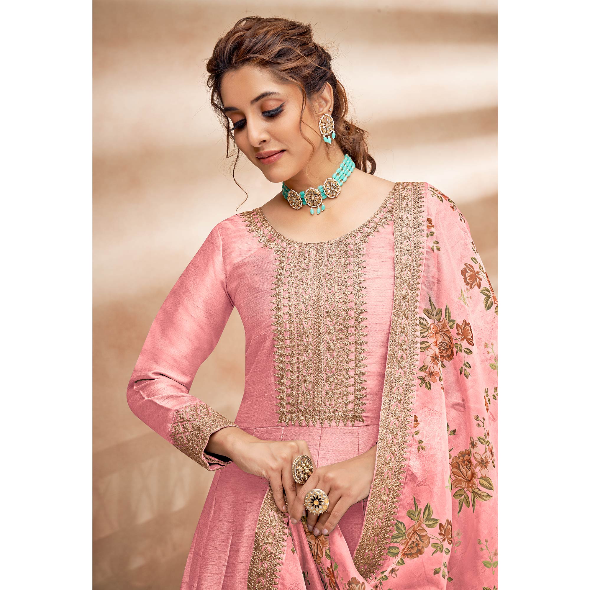 Pink Embroidered Art Silk Semi Stitched Anarkali Suit