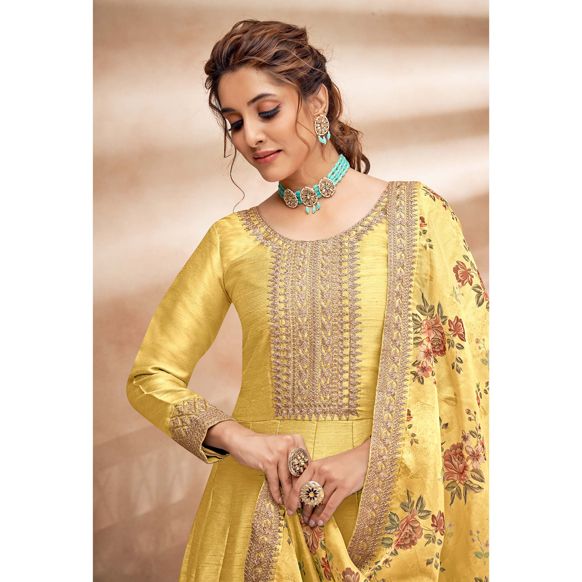 Yellow Embroidered Art Silk Semi Stitched Anarkali Suit