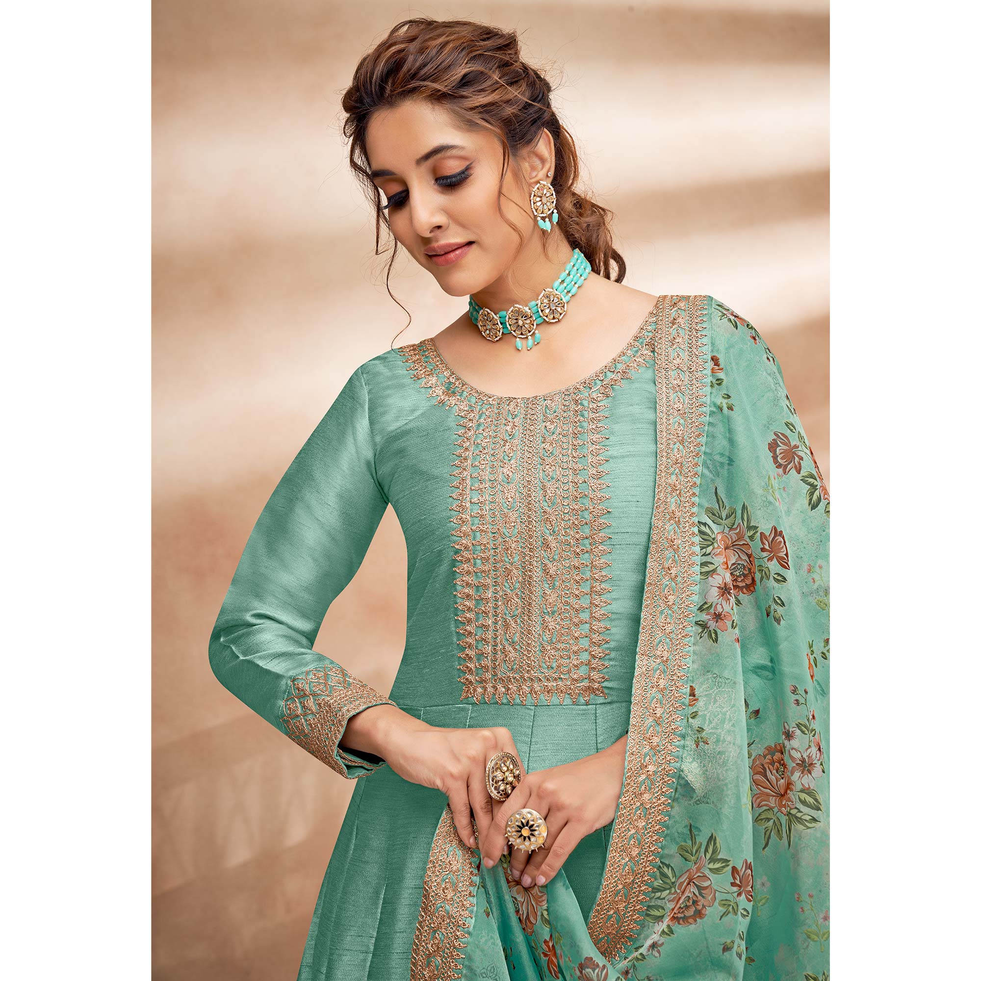 Turquoise  Embroidered Art Silk Semi Stitched Anarkali Suit