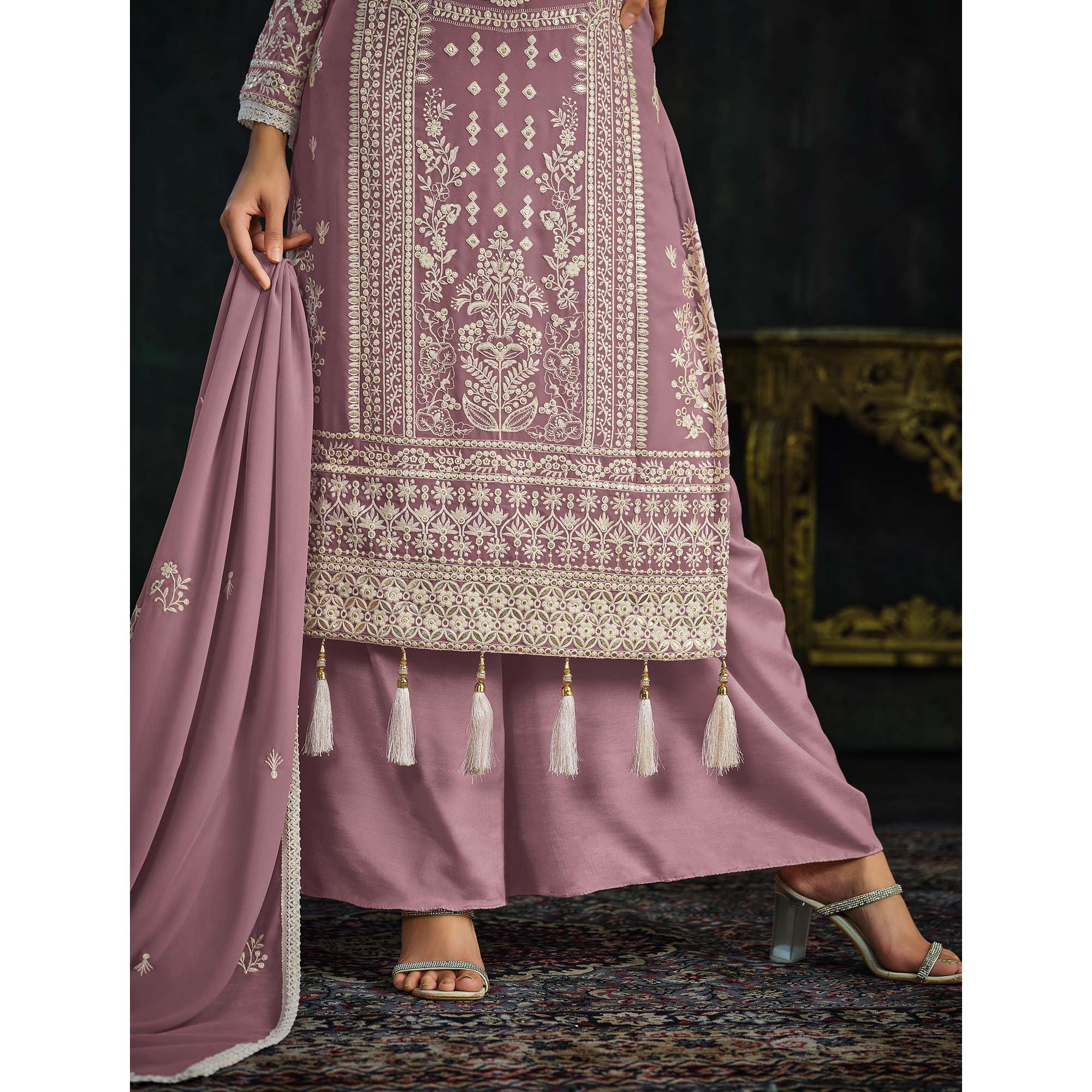 Mauve Floral Embroidered Georgette Semi Stitched Palazzo Suit