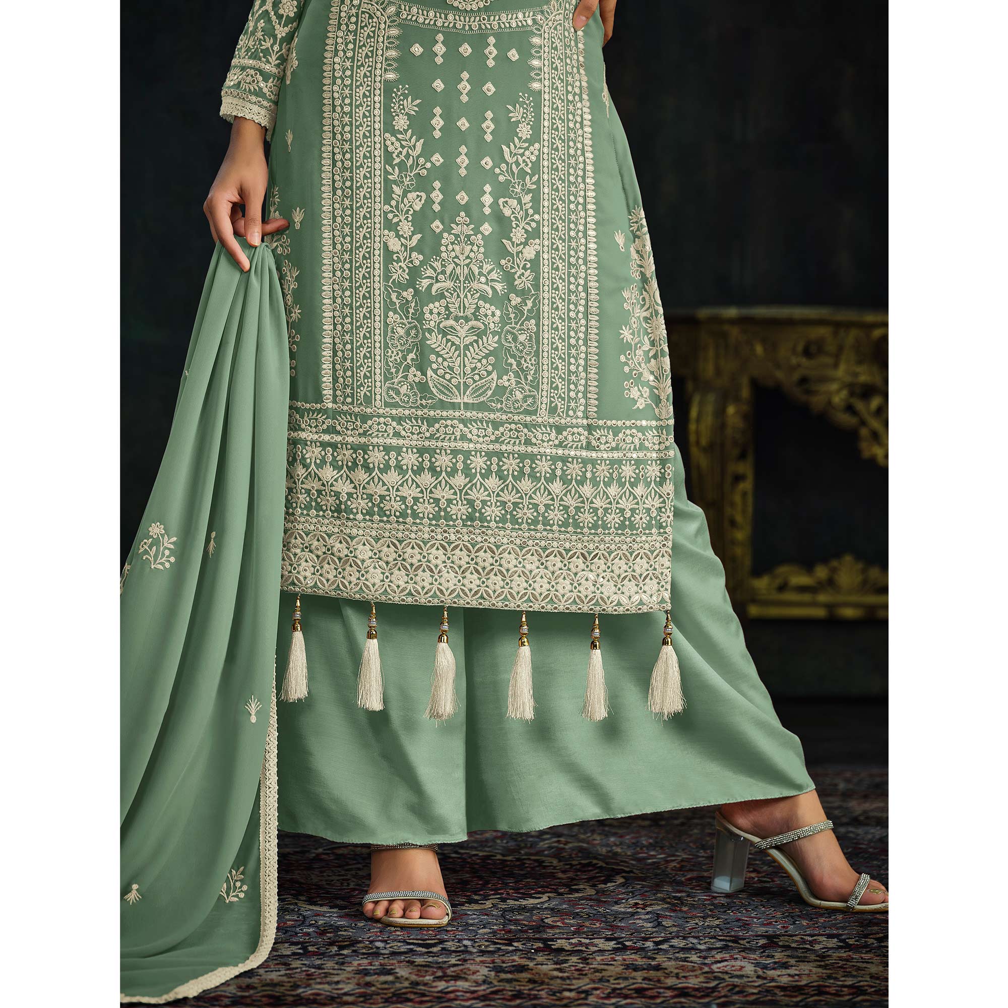 Green Floral Embroidered Georgette Semi Stitched Palazzo Suit