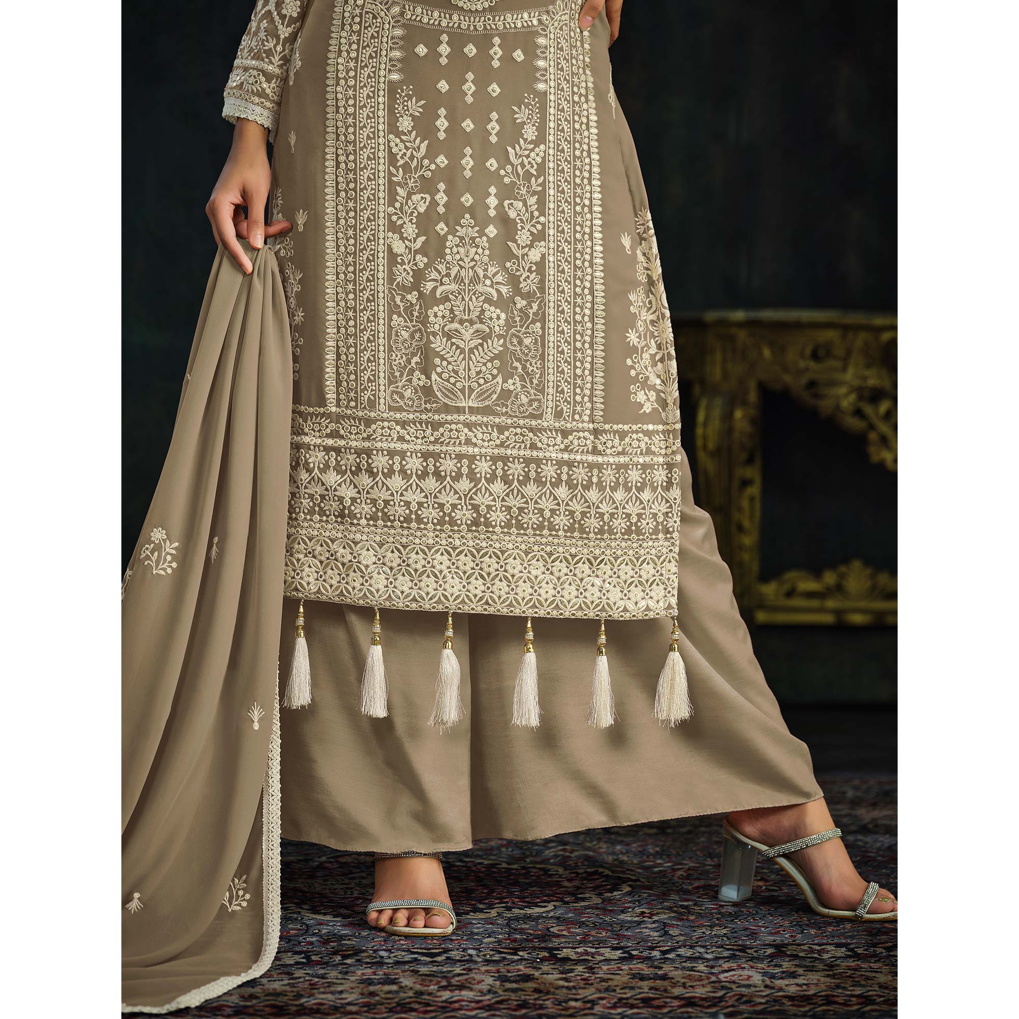 Brown Floral Embroidered Georgette Semi Stitched Palazzo Suit