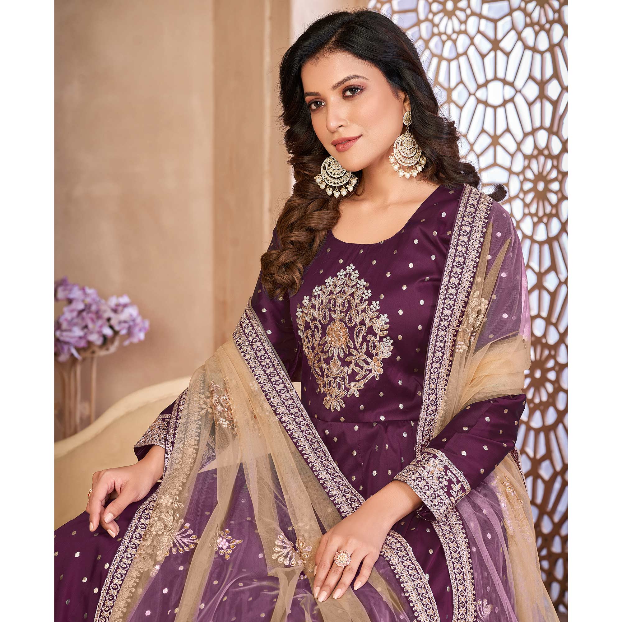 Purple Floral Embroidered Tapetta Silk Semi Stitched Anarkali Suit