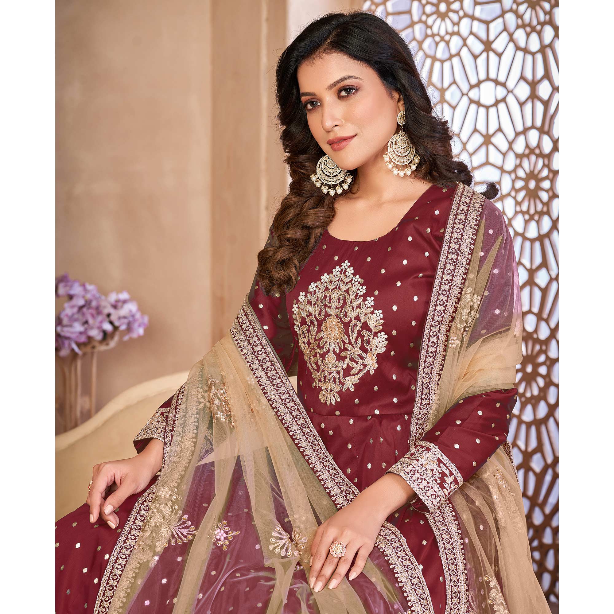 Maroon Floral Embroidered Tapetta Silk Semi Stitched Anarkali Suit