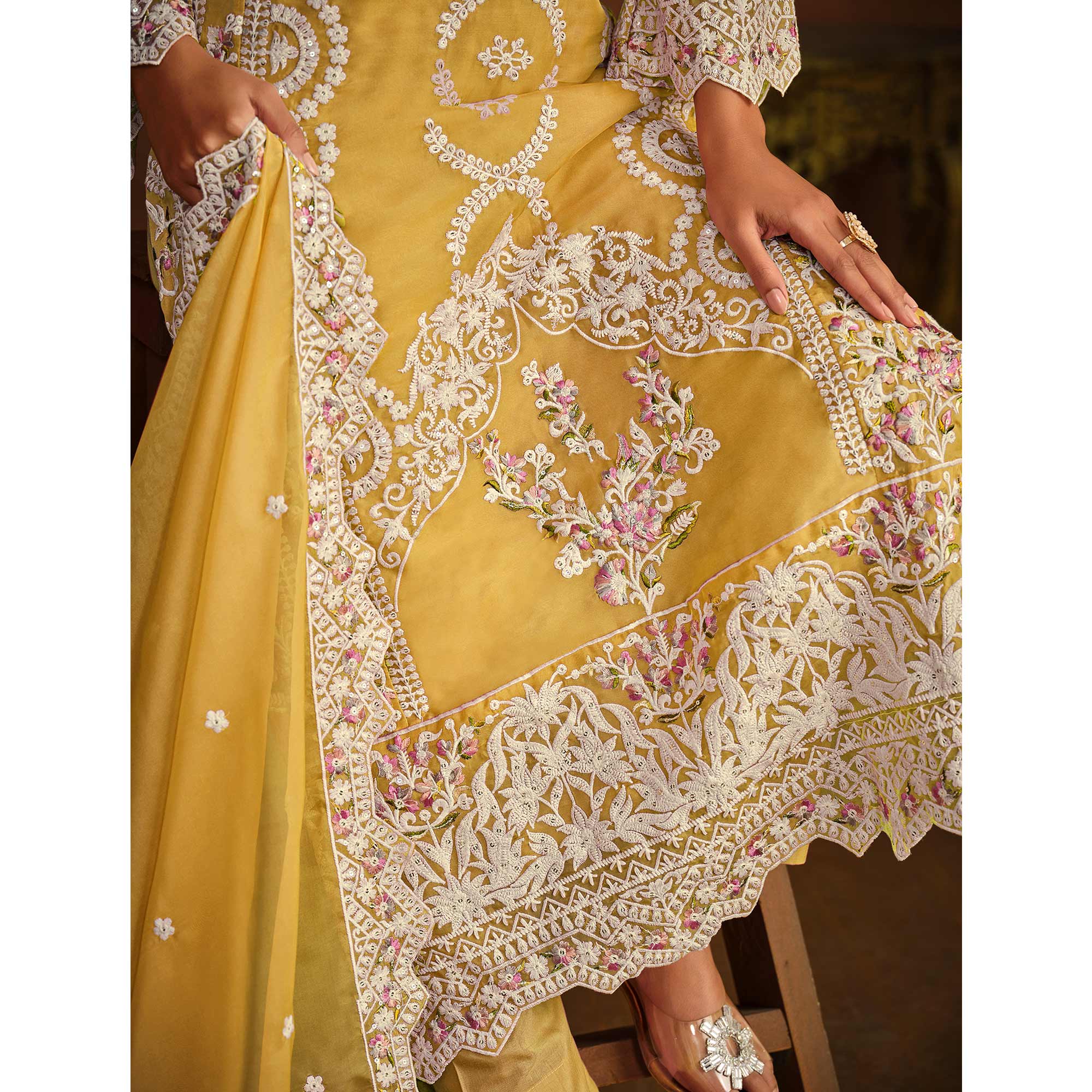 Yellow Floral Embroidered Soft Organza Semi Stithed Suit