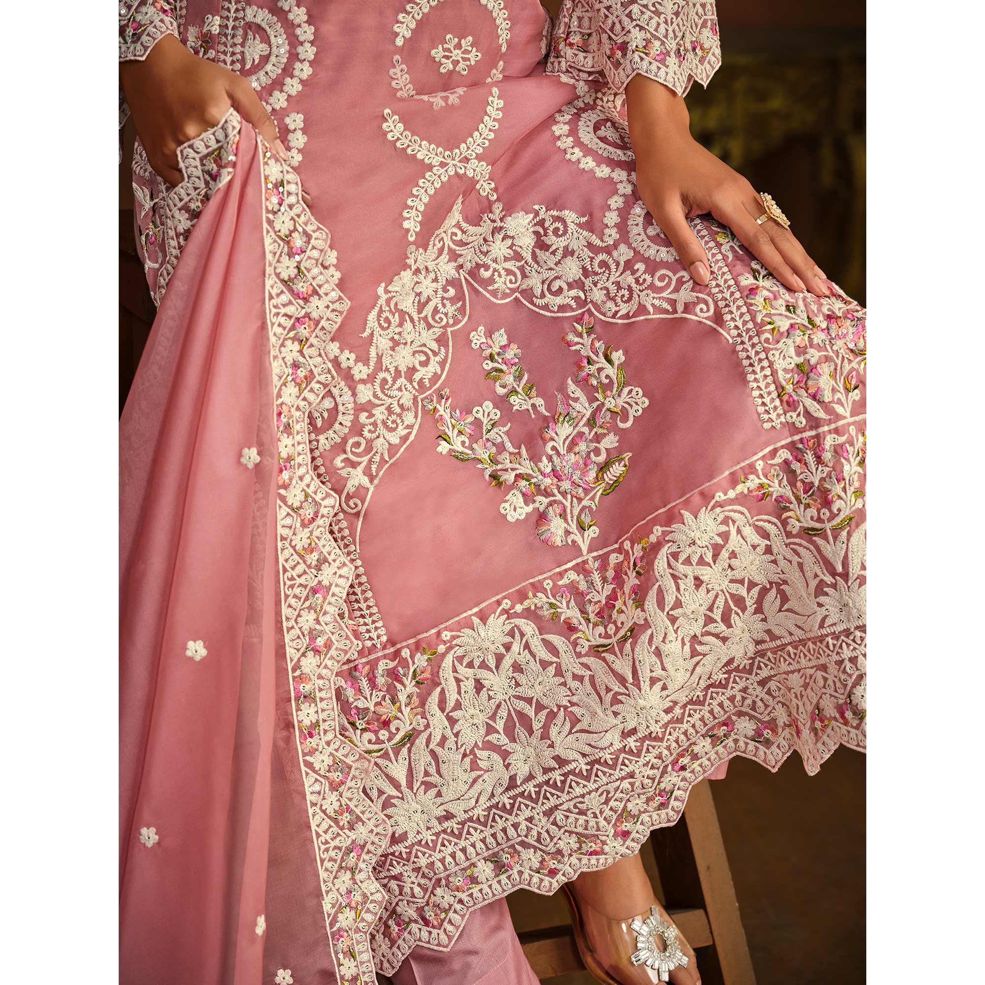 Pink Floral Embroidered Soft Organza Semi Stithed Suit
