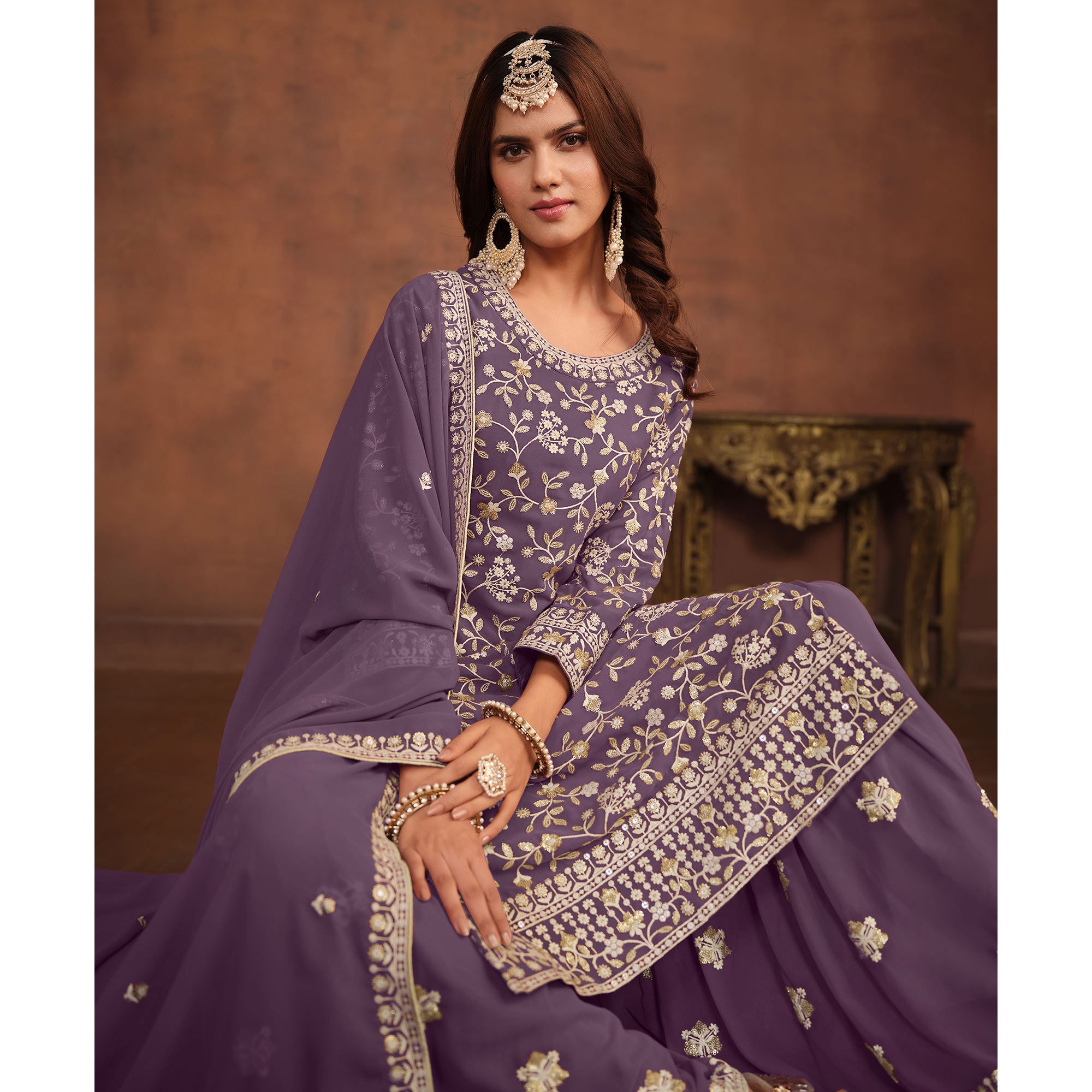 Purple Floral Embroidered Georgette Semi Stithed Suit