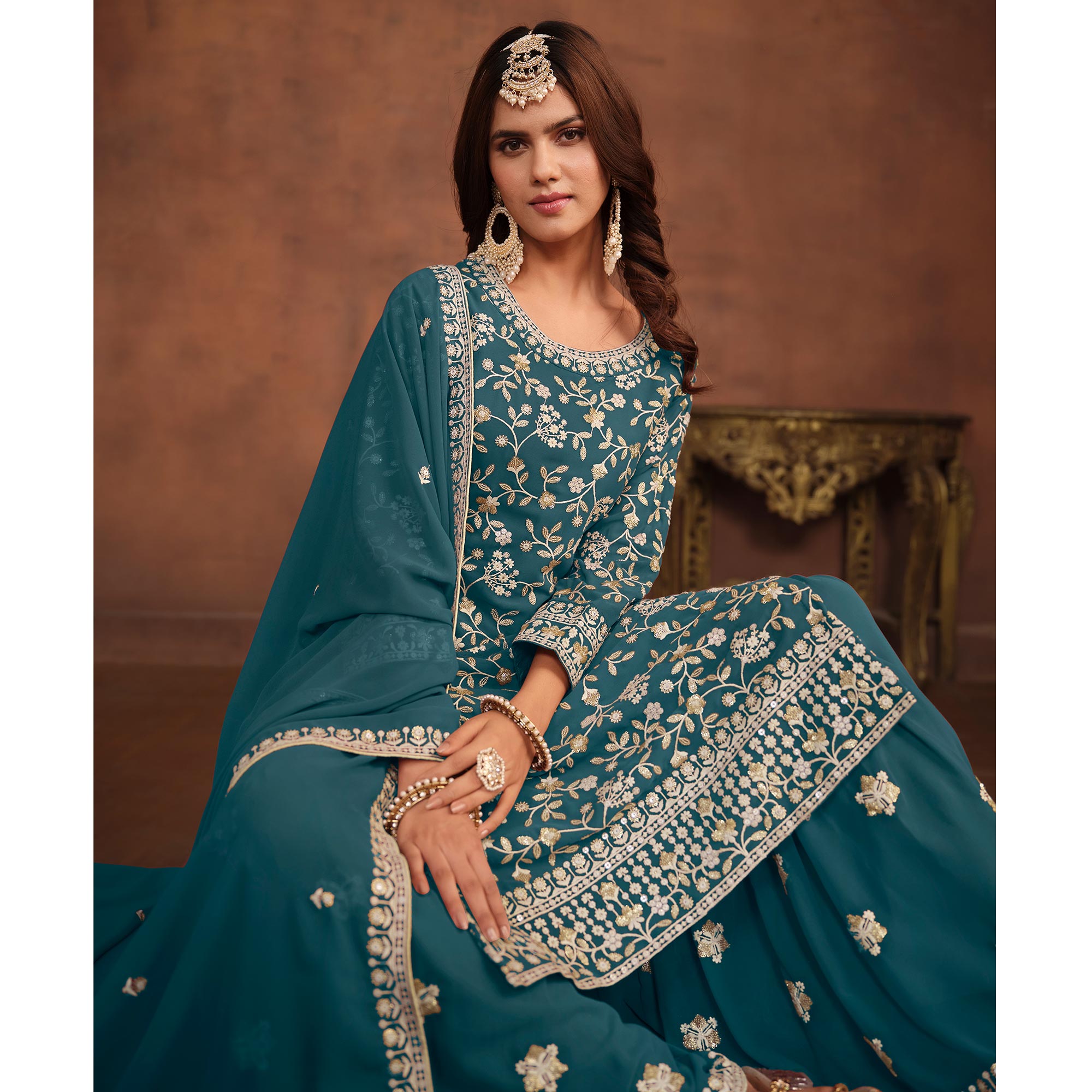 Teal Floral Embroidered Georgette Semi Stithed Suit