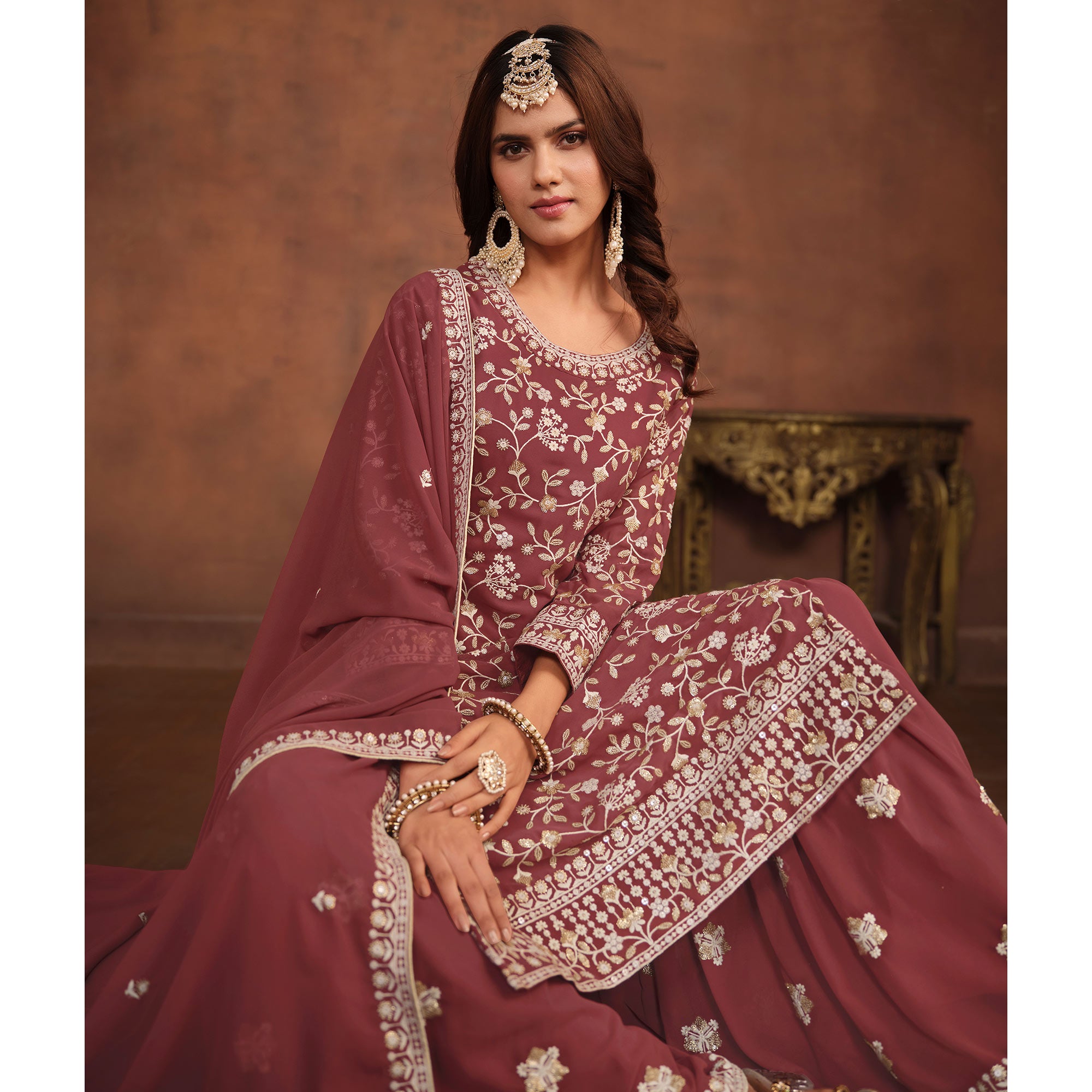 Burnt Red Floral Embroidered Georgette Semi Stithed Suit