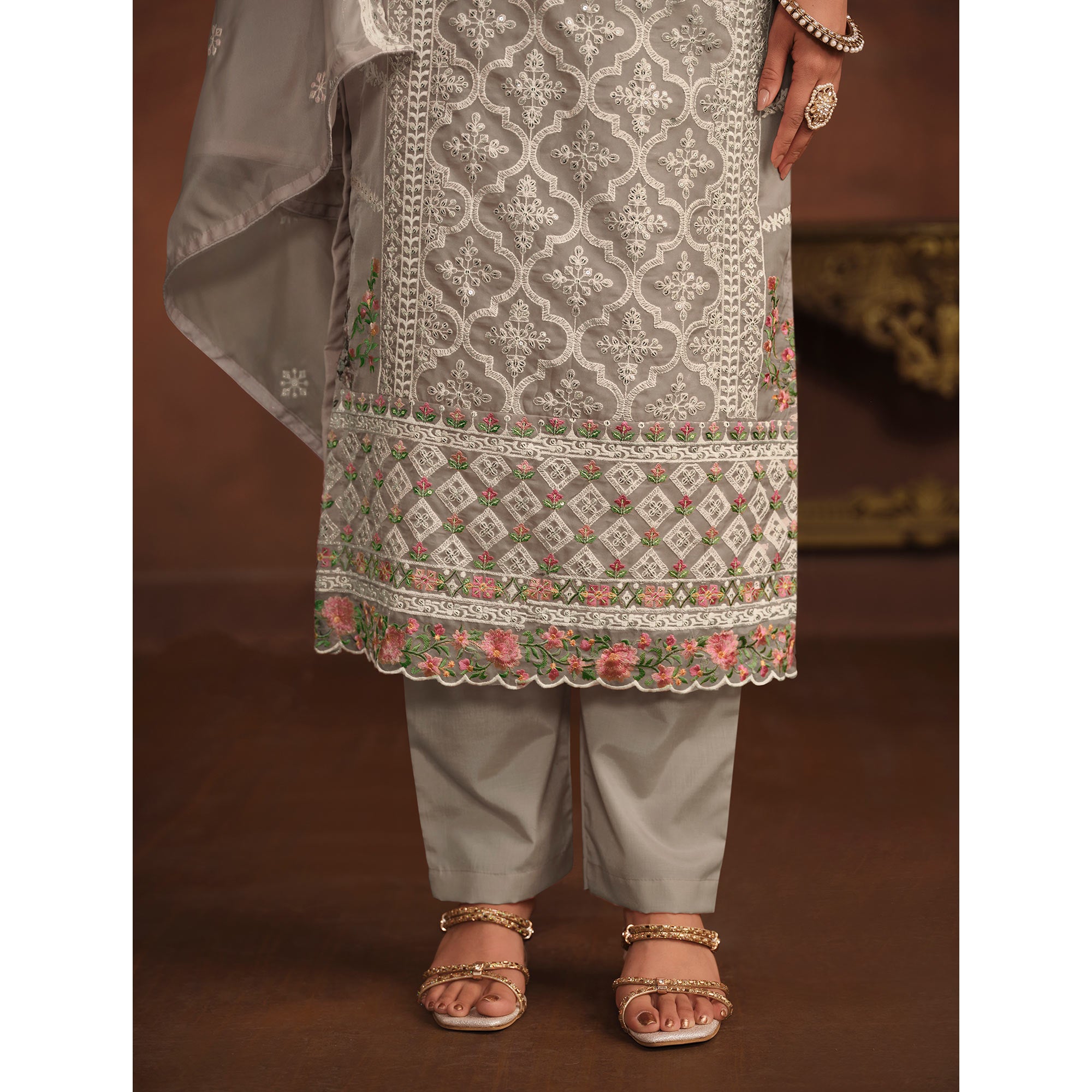Grey Floral Embroidered Organza Semi Stitched Suit