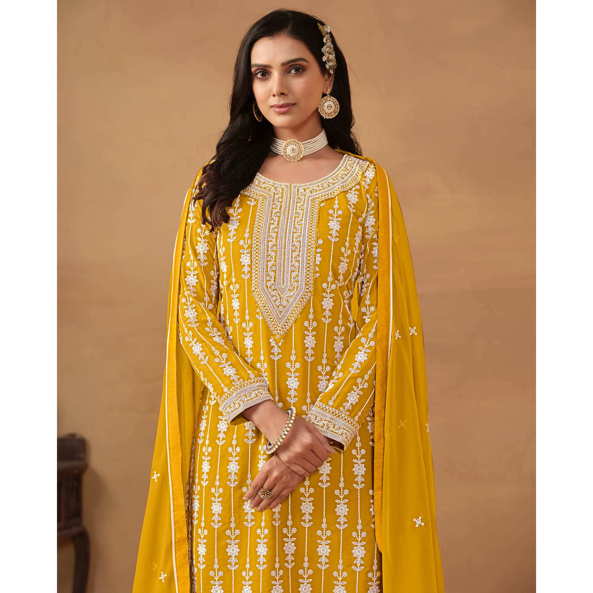 Yellow Floral Embroidered Georgette Semi Stithed Sharara Suit