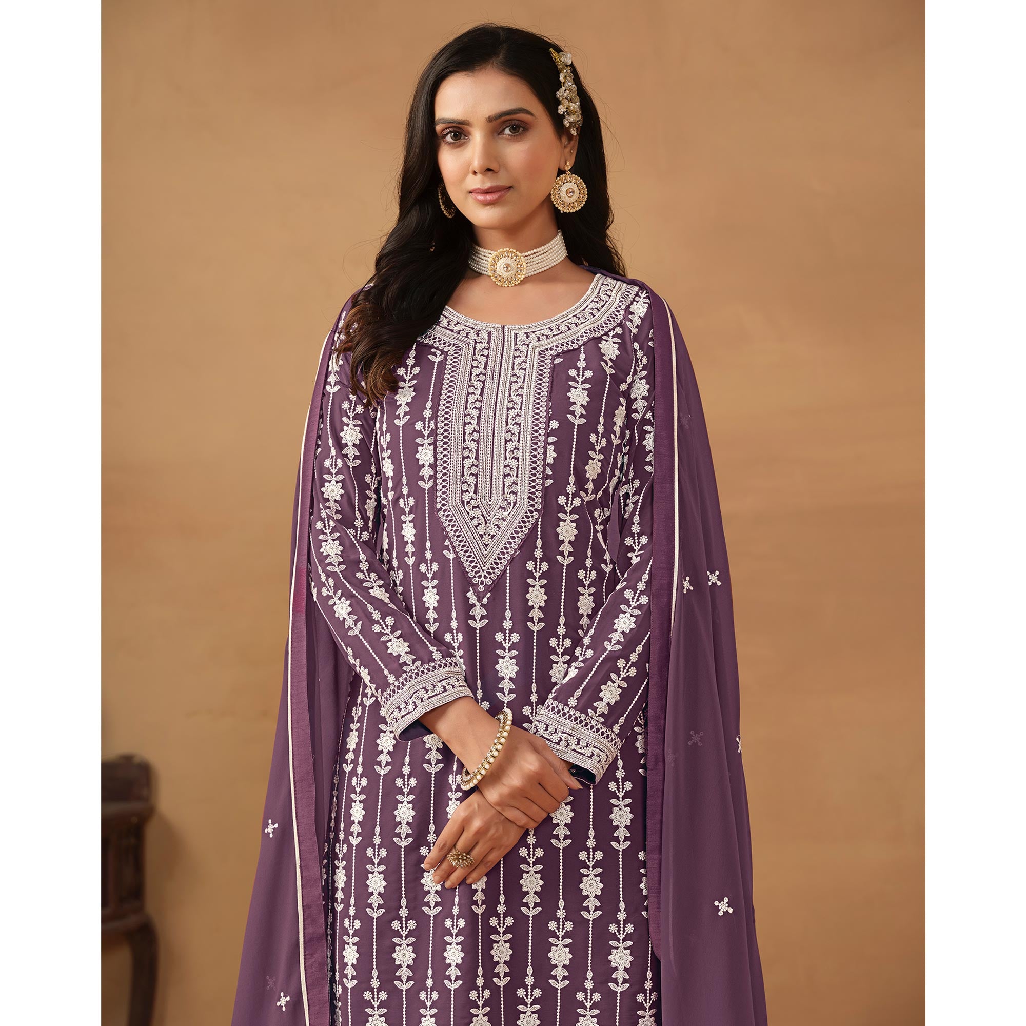 Purple Floral Embroidered Georgette Semi Stithed Sharara Suit