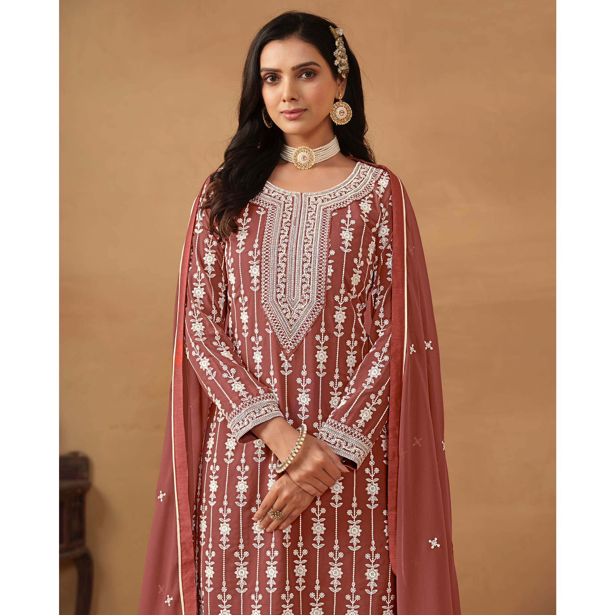 Rust Floral Embroidered Georgette Semi Stithed Sharara Suit