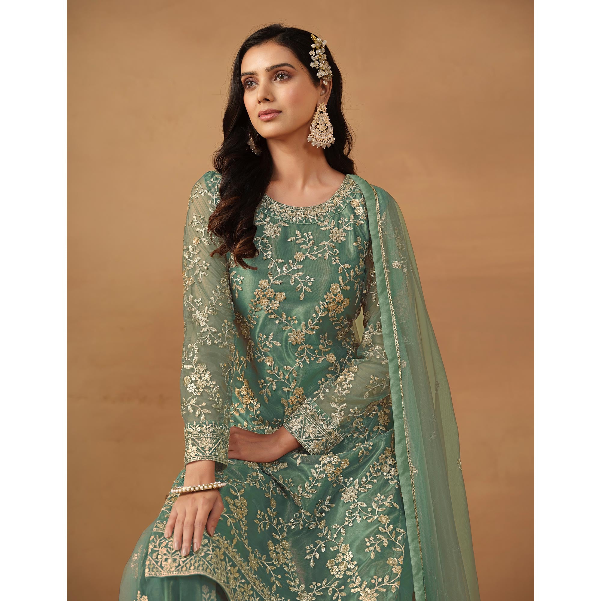 Sea Green Floral Embroidered Net Semi Stitched Sharara Suit