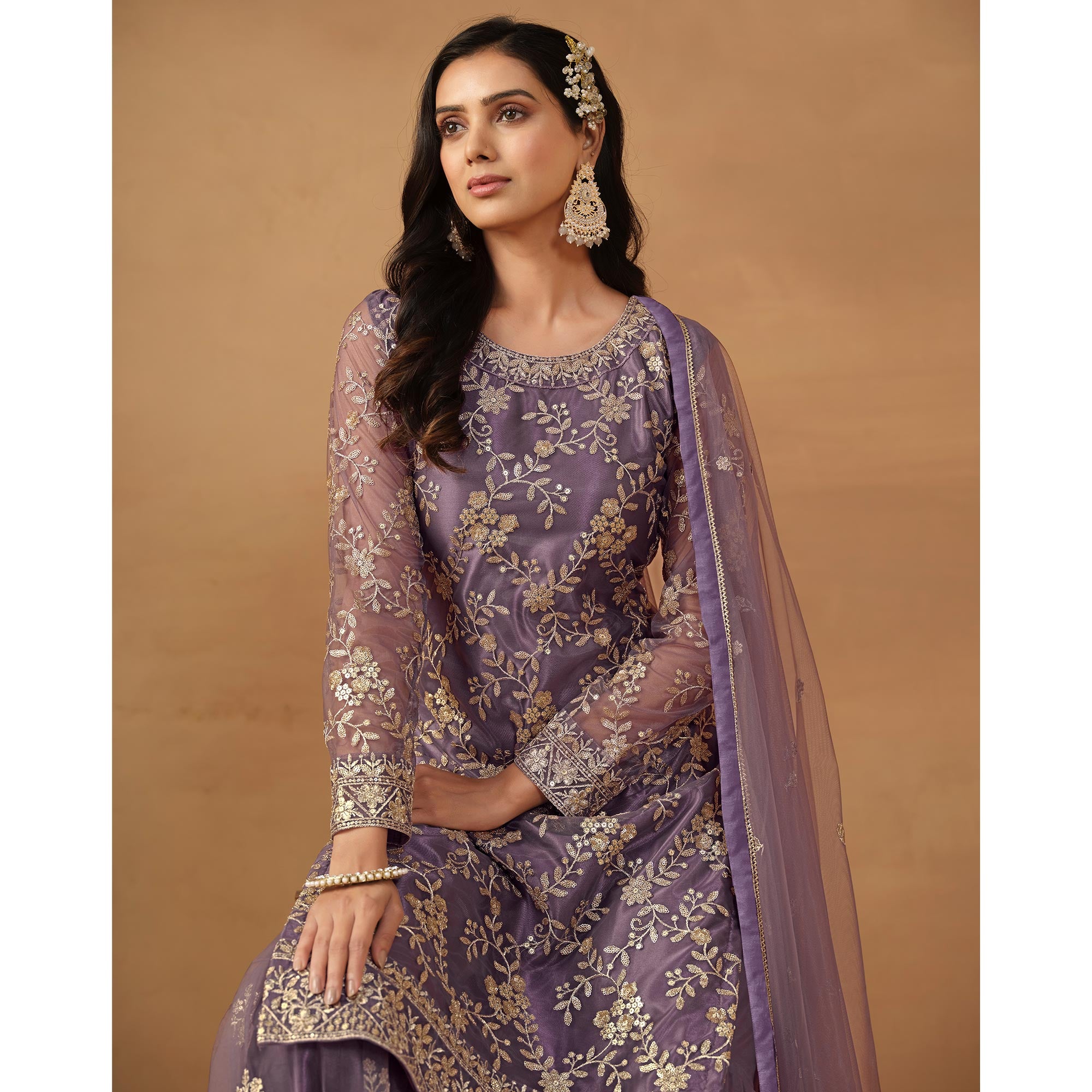 Purple Floral Embroidered Net Semi Stitched Sharara Suit