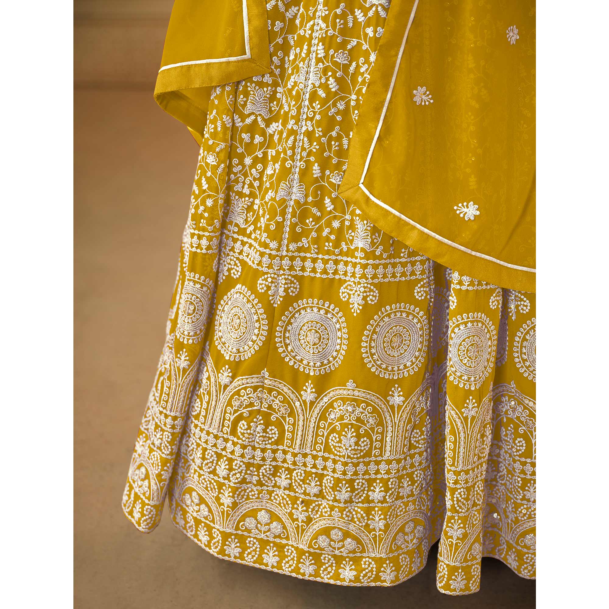 Yellow Floral Embroidered Georgette Semi Stitched Anarkali Suit