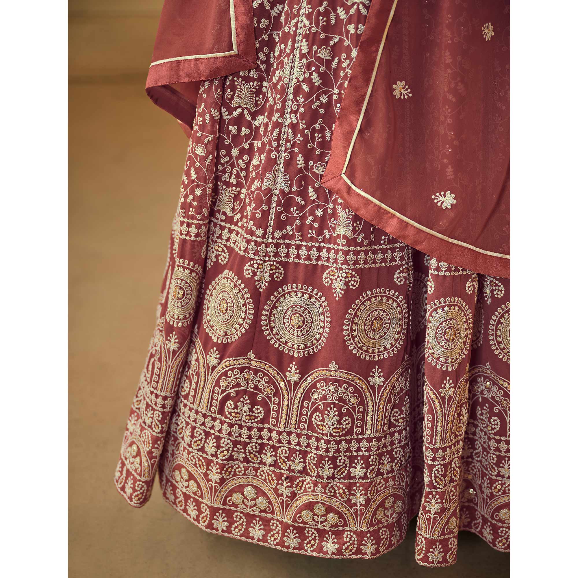 Rust Floral Embroidered Georgette Semi Stitched Anarkali Suit