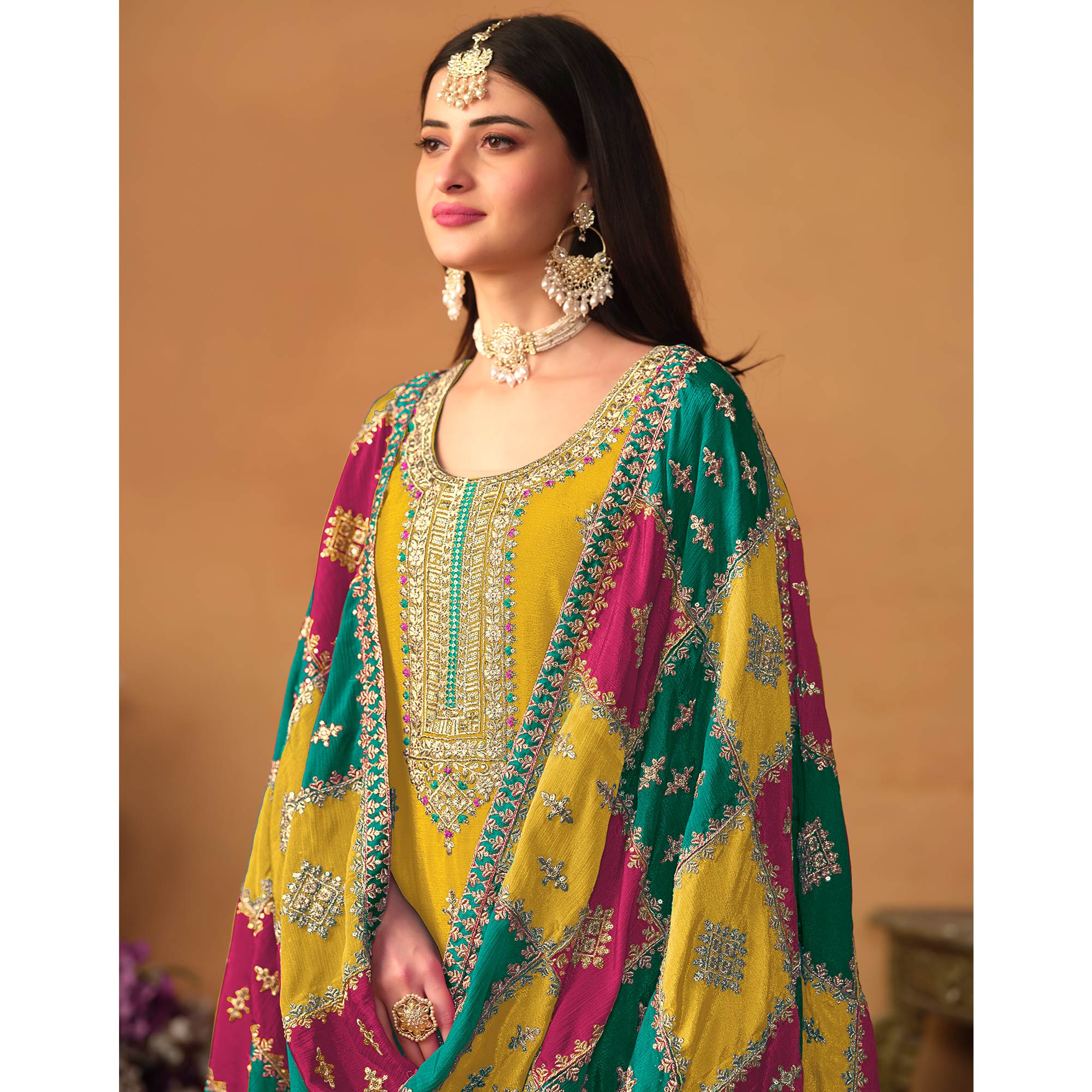 Yellow Floral Sequins Embroidered Chinon Silk Semi Stitched Salwar Suit