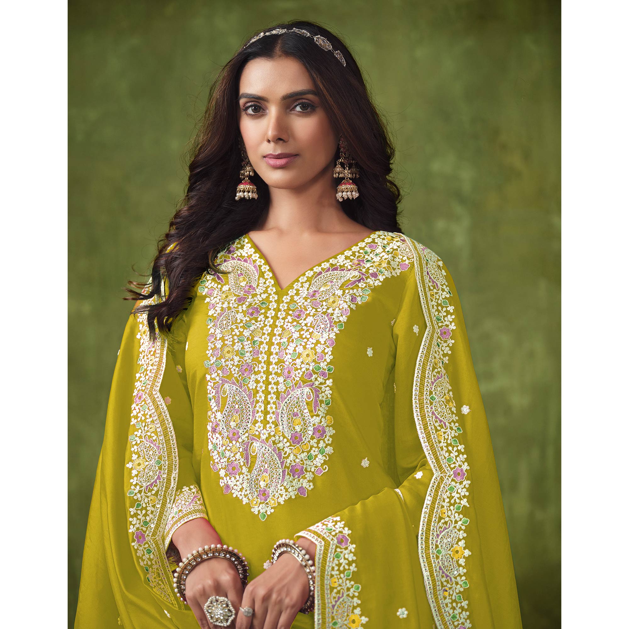 Olive Floral Embroidered Pure Silk Unstitched Dress Material