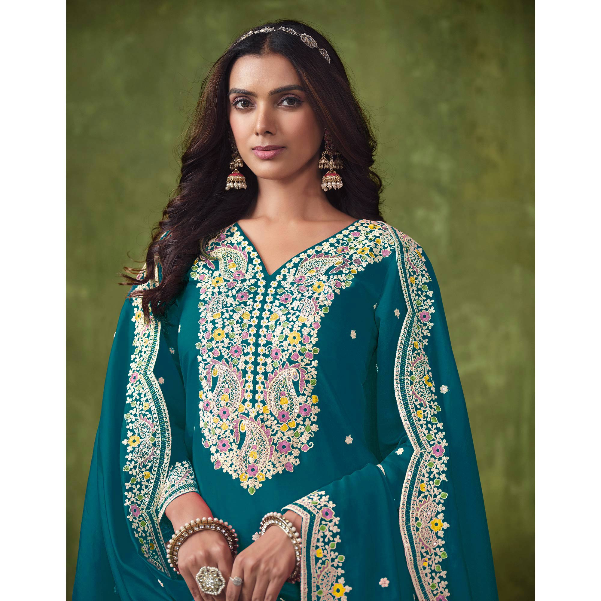 Teal Floral Embroidered Pure Silk Unstitched Dress Material