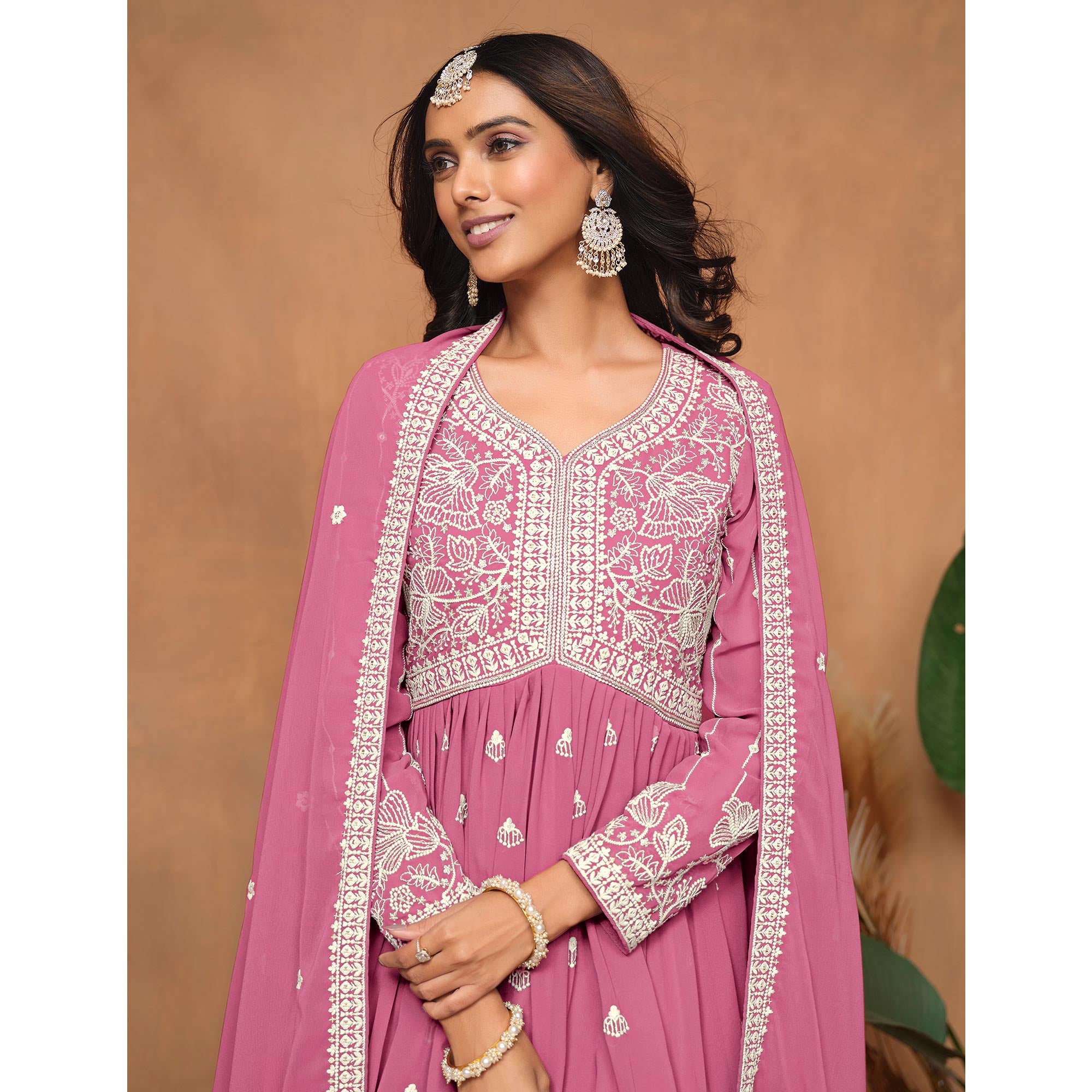Pink Floral Embroidered Georgette Semi Stitched Suit