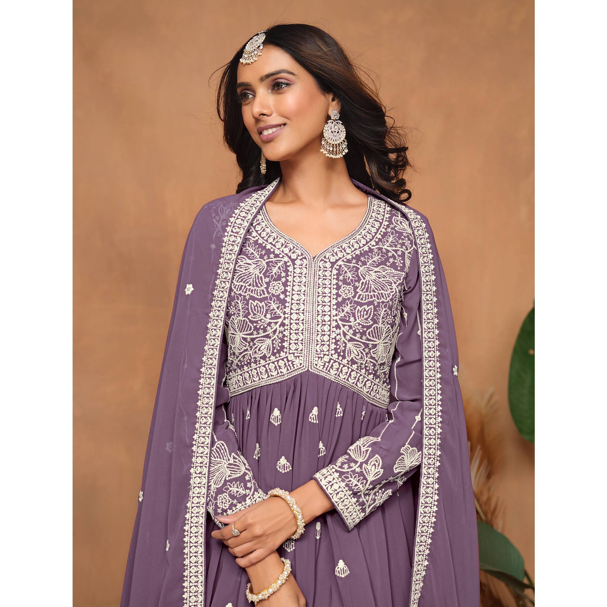 Purple Floral Embroidered Georgette Semi Stitched Suit